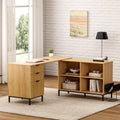 60' L Shaped Fluted Desk, Computer Desk with Movable Storage Cabinet Home Office Desk with 3 Drawers Metal Legs Corner Desk for Gaming Study, Natural Oak