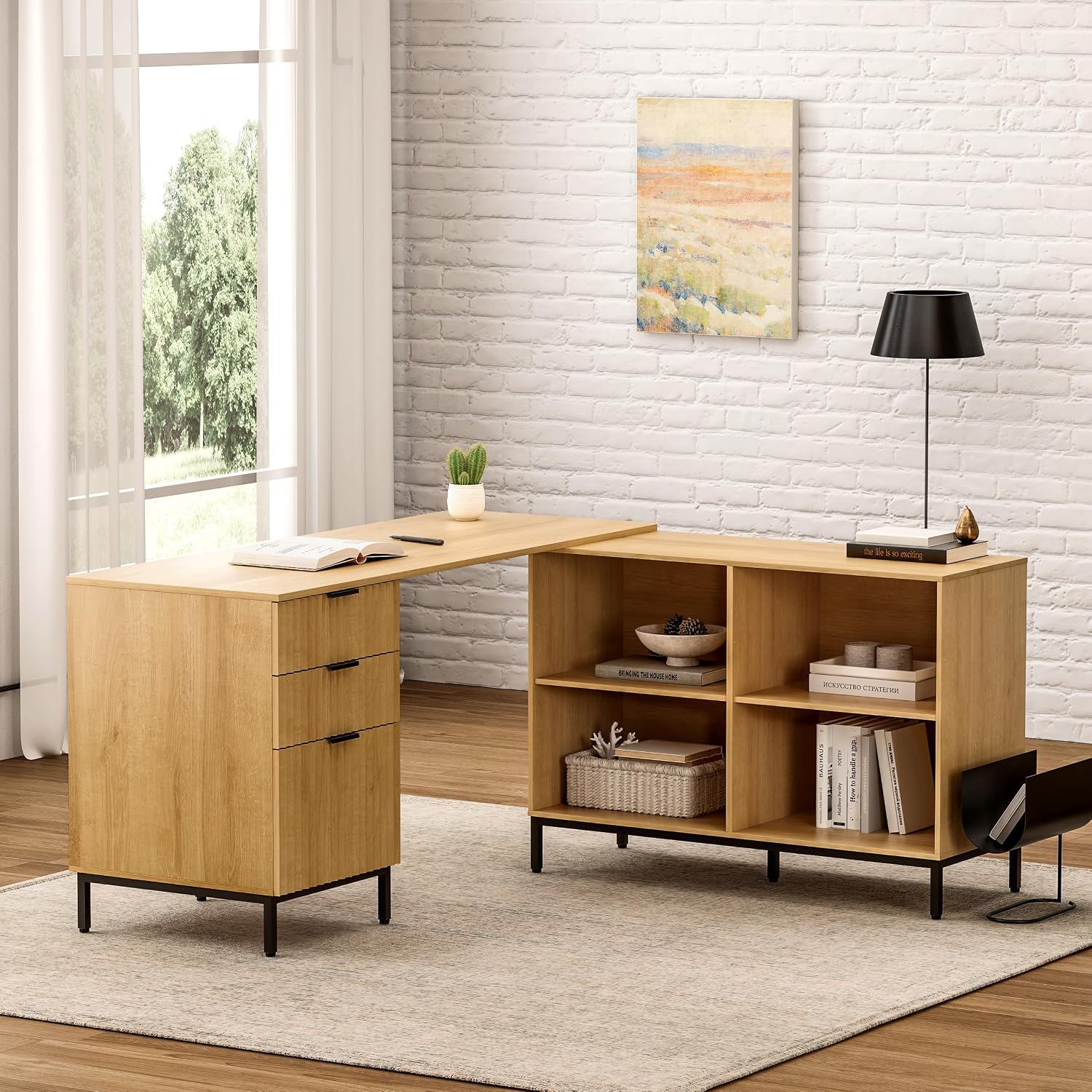60' L Shaped Fluted Desk, Computer Desk with Movable Storage Cabinet Home Office Desk with 3 Drawers Metal Legs Corner Desk for Gaming Study, Natural Oak