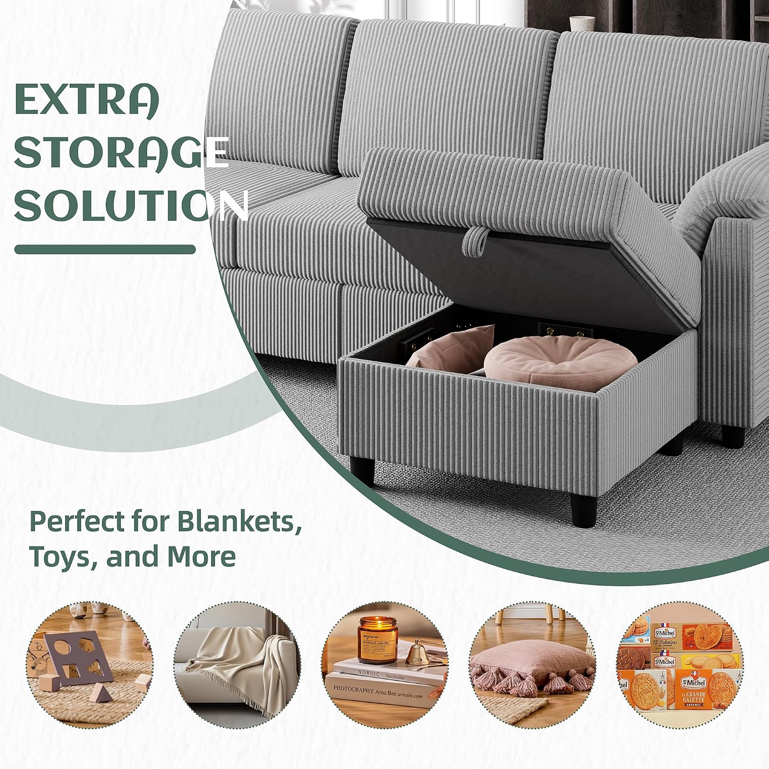 Vongrasig Convertible Sectional Couches Sofa, 3 Seat L Shaped Sofa with Removable Pillows Soft Corduroy Fabric Small Couch Mid Century for Living Room, Bed Room, Apartment and Office (Light Grey)