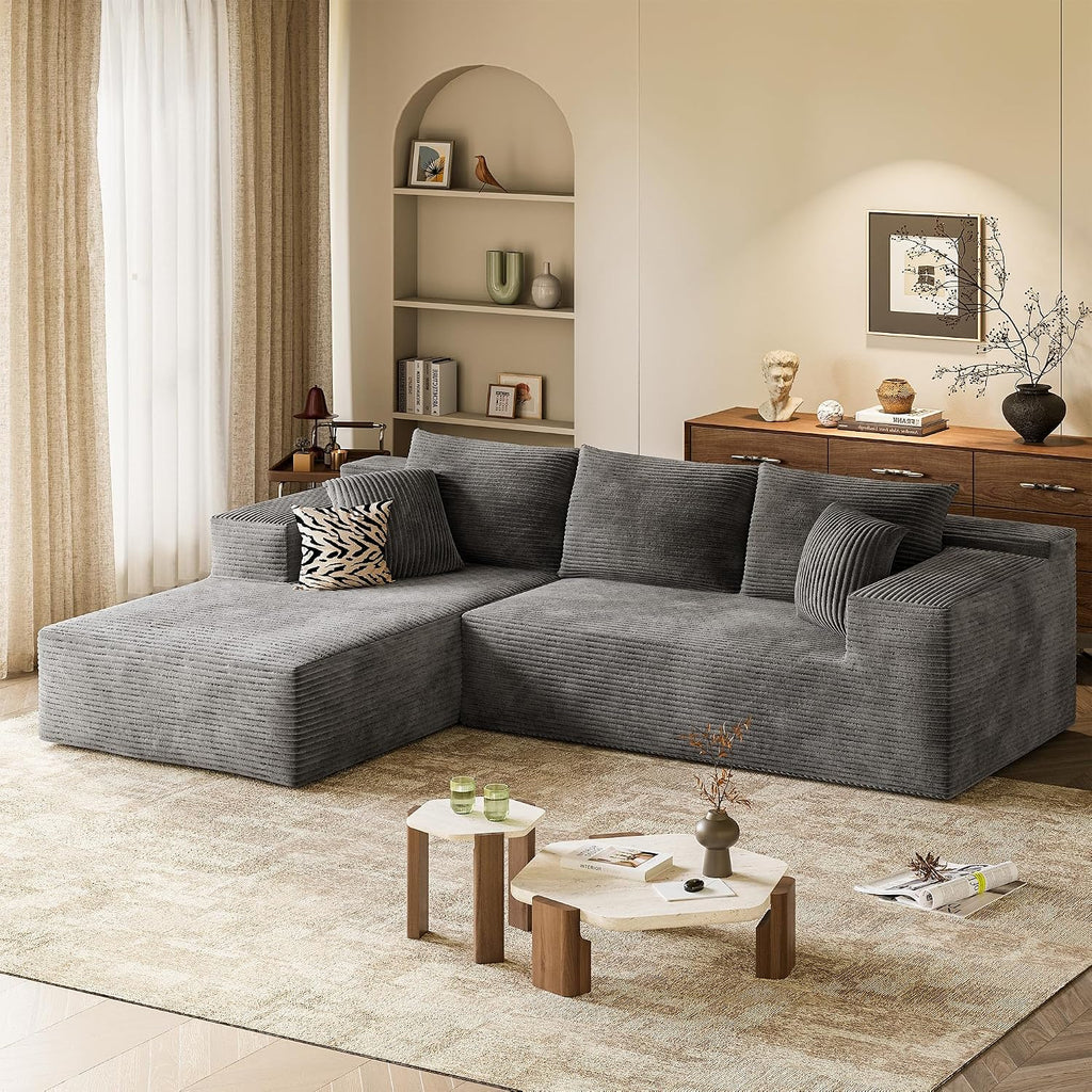 VICTONE 108' Cloud Sectional Couches, Boneless Couch Modular L-Shaped Sofa with Deep Seat, Modern Comfort Upholstered Sofas for Living Room, No Assembly Required (Corduroy, Grey)