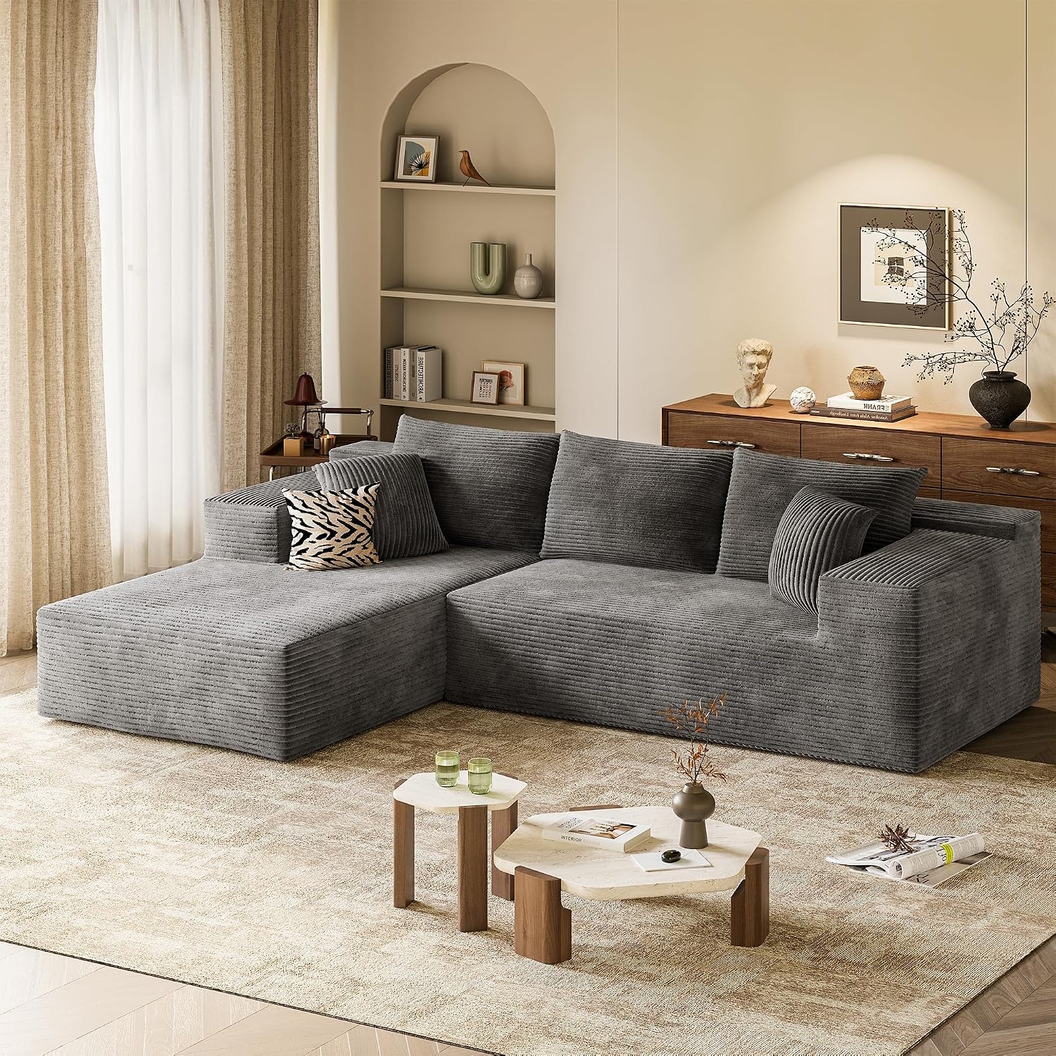 VICTONE 108' Cloud Sectional Couches, Boneless Couch Modular L-Shaped Sofa with Deep Seat, Modern Comfort Upholstered Sofas for Living Room, No Assembly Required (Corduroy, Grey)
