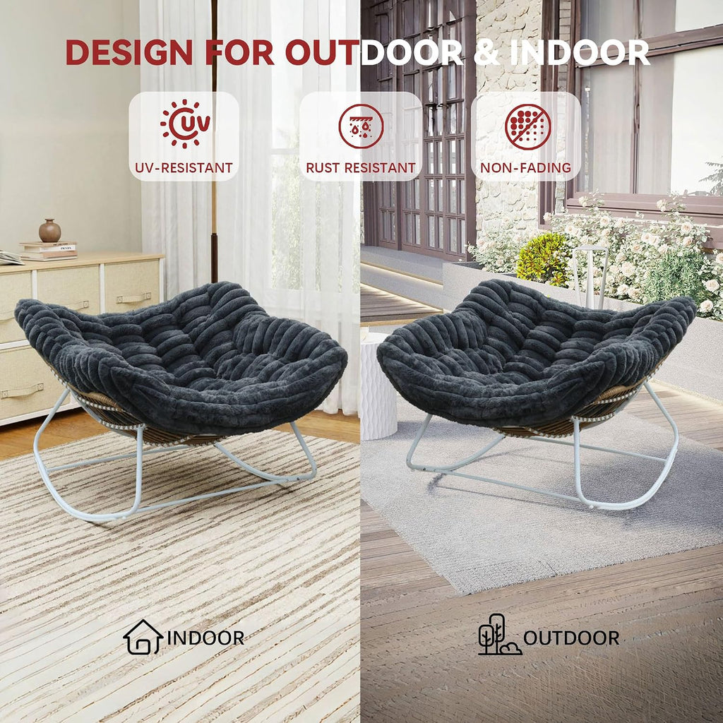 Papasan Rocking Chair, Rattan Rocking Chair, Oversized Outdoor Chair with Deep Seat Thick Cushion, Patio Rocking Chair for Bedroom/Porch/Garden (Deep Grey & White)