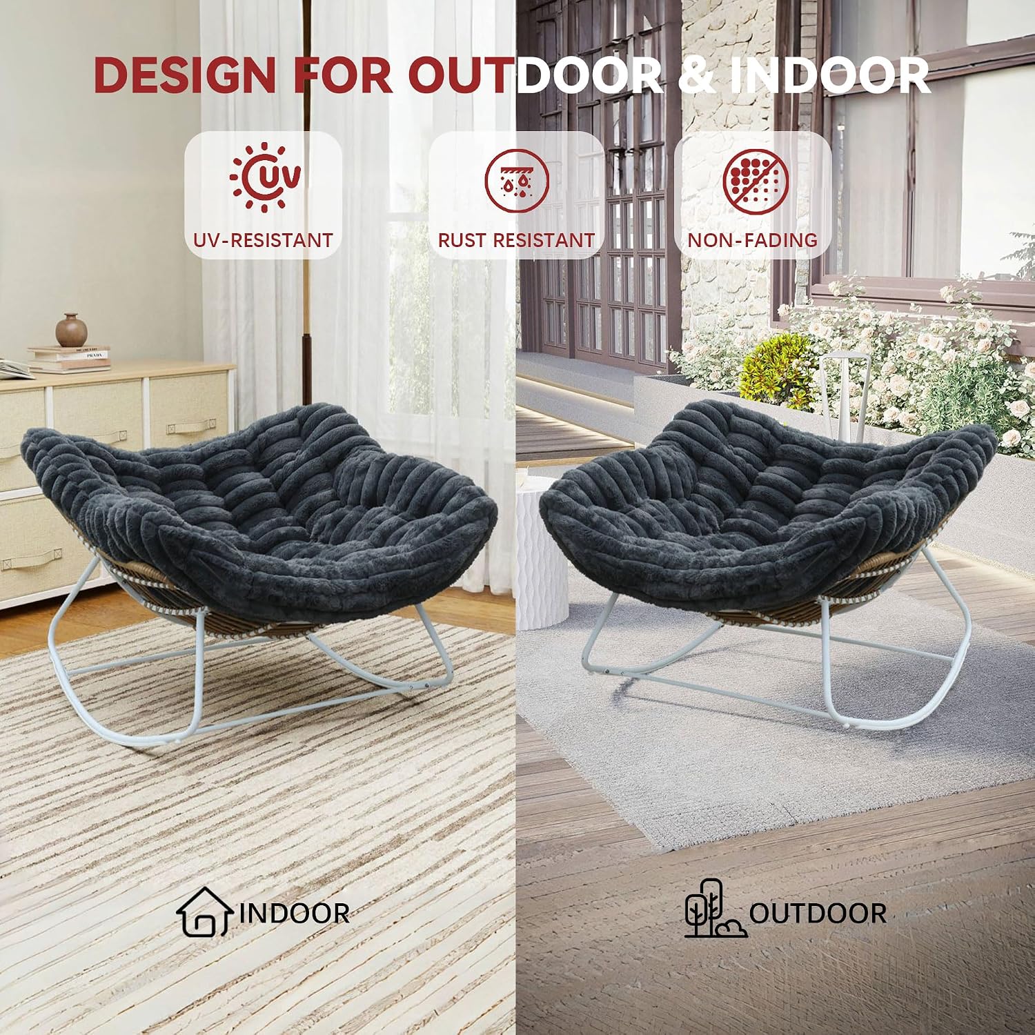 Papasan Rocking Chair, Rattan Rocking Chair, Oversized Outdoor Chair with Deep Seat Thick Cushion, Patio Rocking Chair for Bedroom/Porch/Garden (Deep Grey & White)