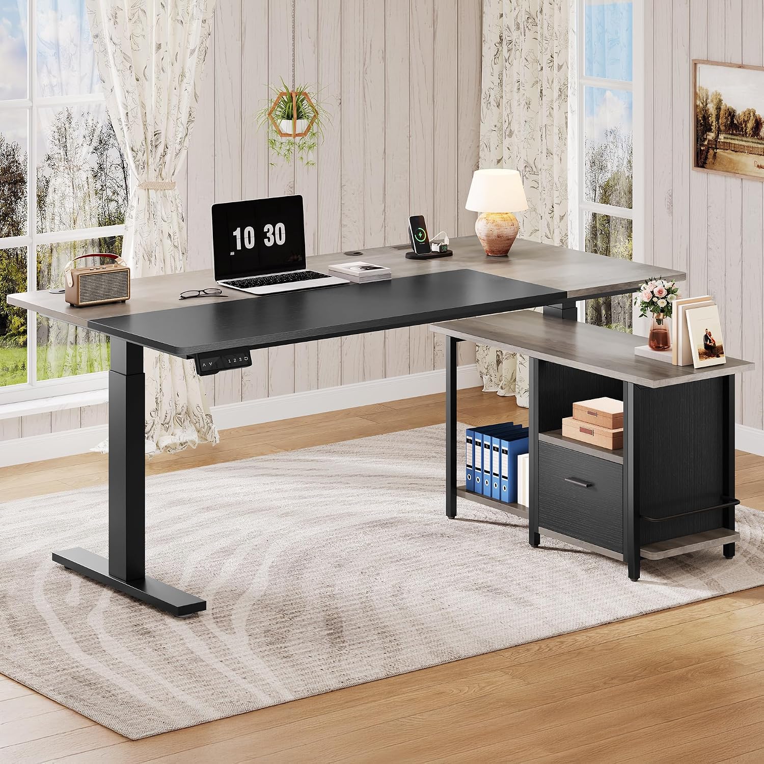 YITAHOME L Shaped Standing Desk with Power Outlets, 70.1' Electric Standing Desk Adjustable Height Sit Stand Corner Standing Desks Executive Desk with Drawers & Shelves, Grey + Black