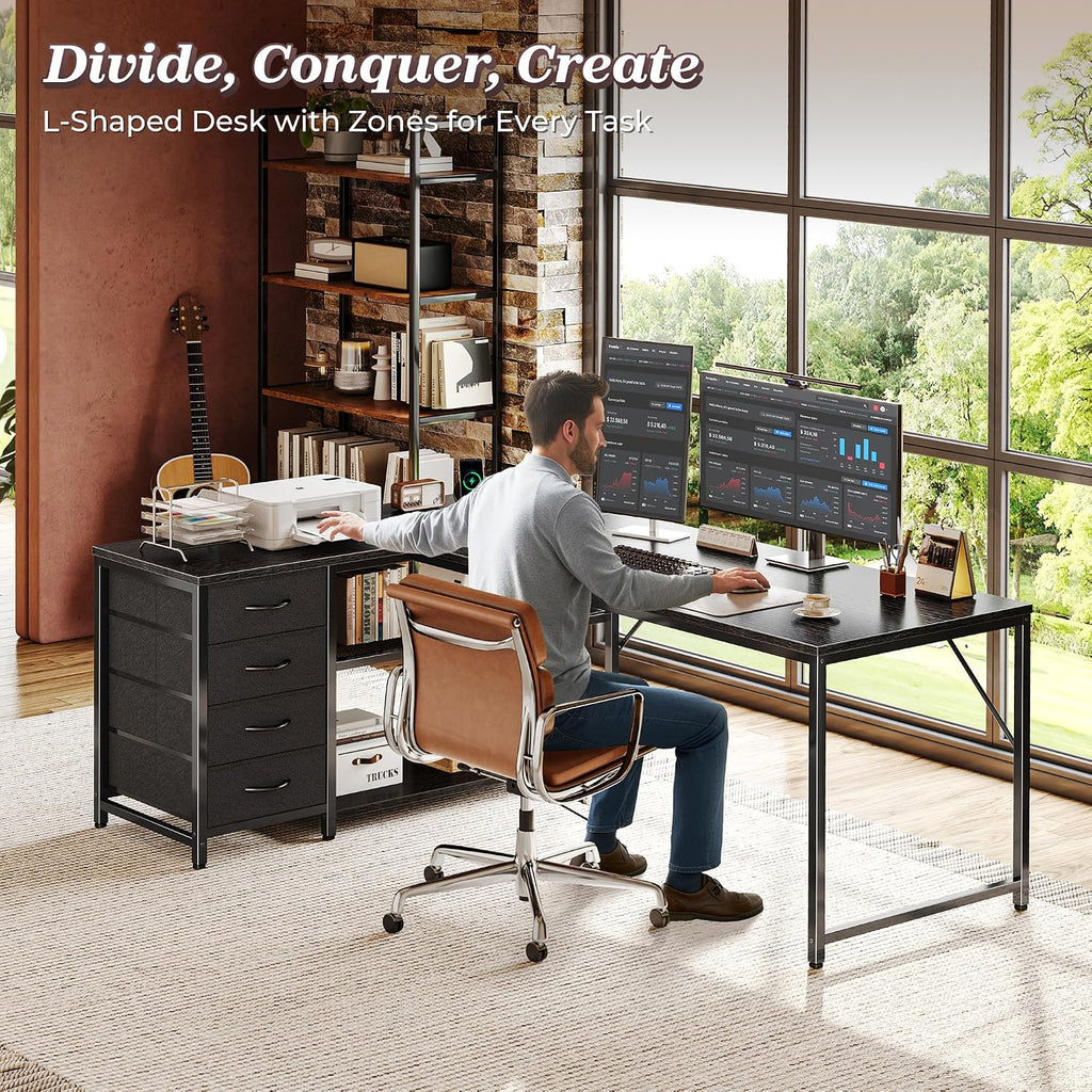 PRAISUN 61' L Shaped Desk with Power Outlets and USB-C Port, Reversible Computer Corner Office Desk with 4 Fabric Drawers and 2 Height-Adjustable Shelves, Large for Gaming Writing Work Study, Black