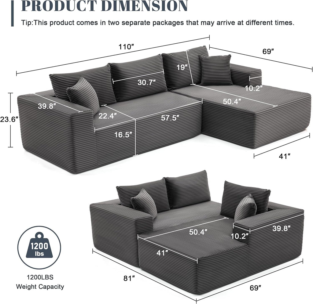 Mangodan 110' Cloud Sectional Couch, Boneless Sofa for Living Room, Modular Sectional Sofa with Deep Seat, Fluffy Couch with L-Shaped Chaise, No Assembly Required (Right-Facing Chaise, Dark Grey)