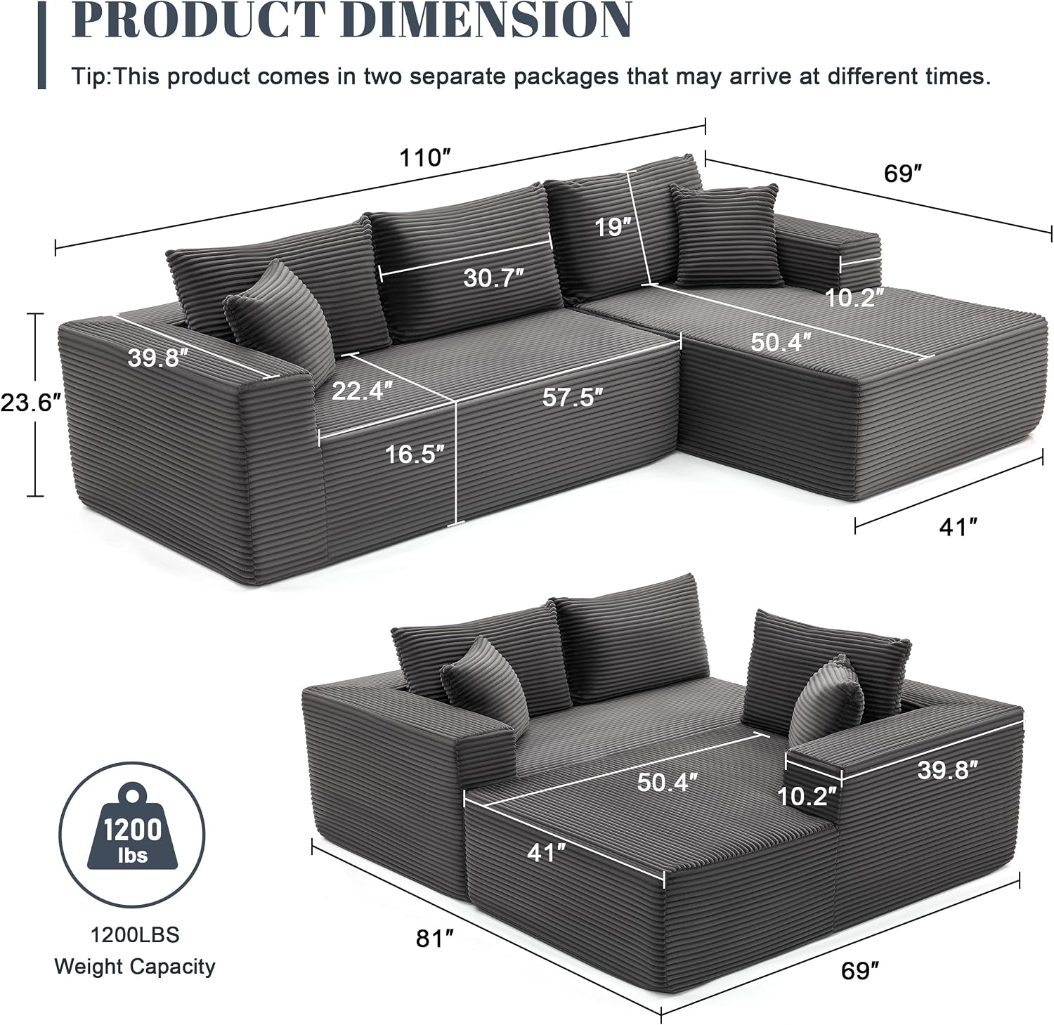 Mangodan 110' Cloud Sectional Couch, Boneless Sofa for Living Room, Modular Sectional Sofa with Deep Seat, Fluffy Couch with L-Shaped Chaise, No Assembly Required (Right-Facing Chaise, Dark Grey)