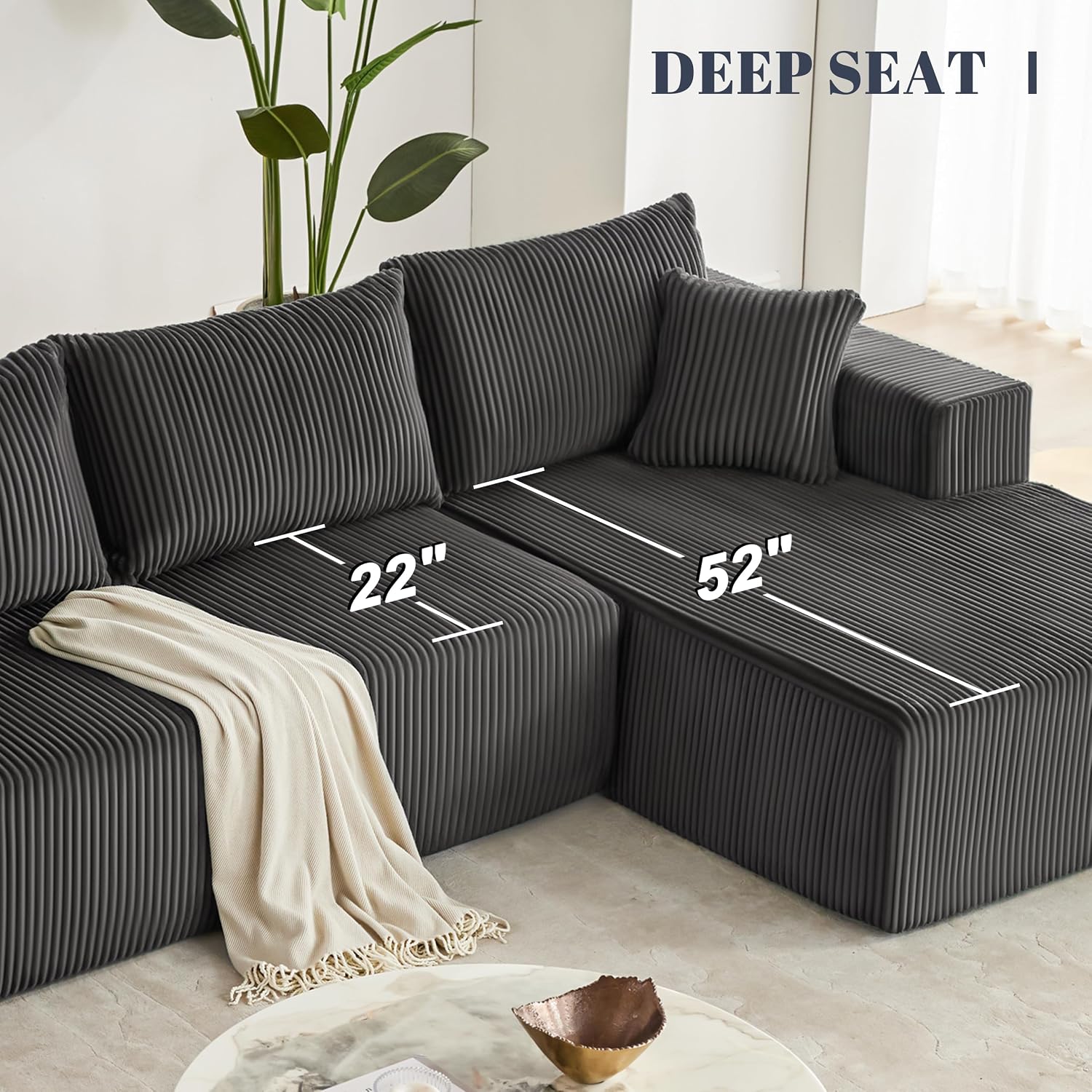 Weture 108' Modular Sectional Sofa, Cloud Sectional Couch with Deep Seat, Modern Modular L-Shape Sofa with Chaise,Upholstered Boneless Couches for Living Room Bedroom (Corduroy, Darkgrey)