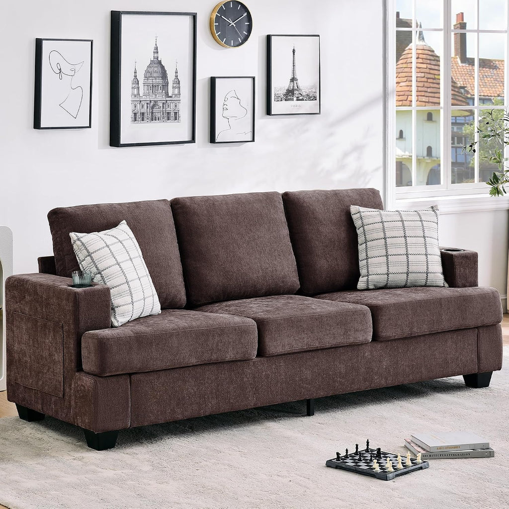 GarveeHome Modern 89 in 3-Seater Sofa for Living Room, Comfy Couches with Deep Seat, Chenille Couch with Cup Holders and Side Storage Pockets for Apartment Lounge, Brown