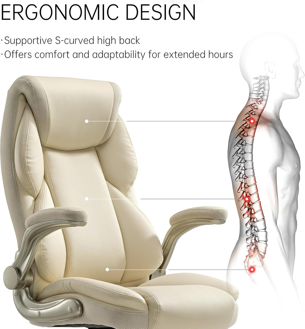 EUREKA ERGONOMIC Galene Executive Office Chair Flip Up Arm Rest, Ergonomic Desk Chair Faux Leather Computer Chair, High Back Office Chair with Headrest, Home Office Desk Chairs with Wheels, Beige
