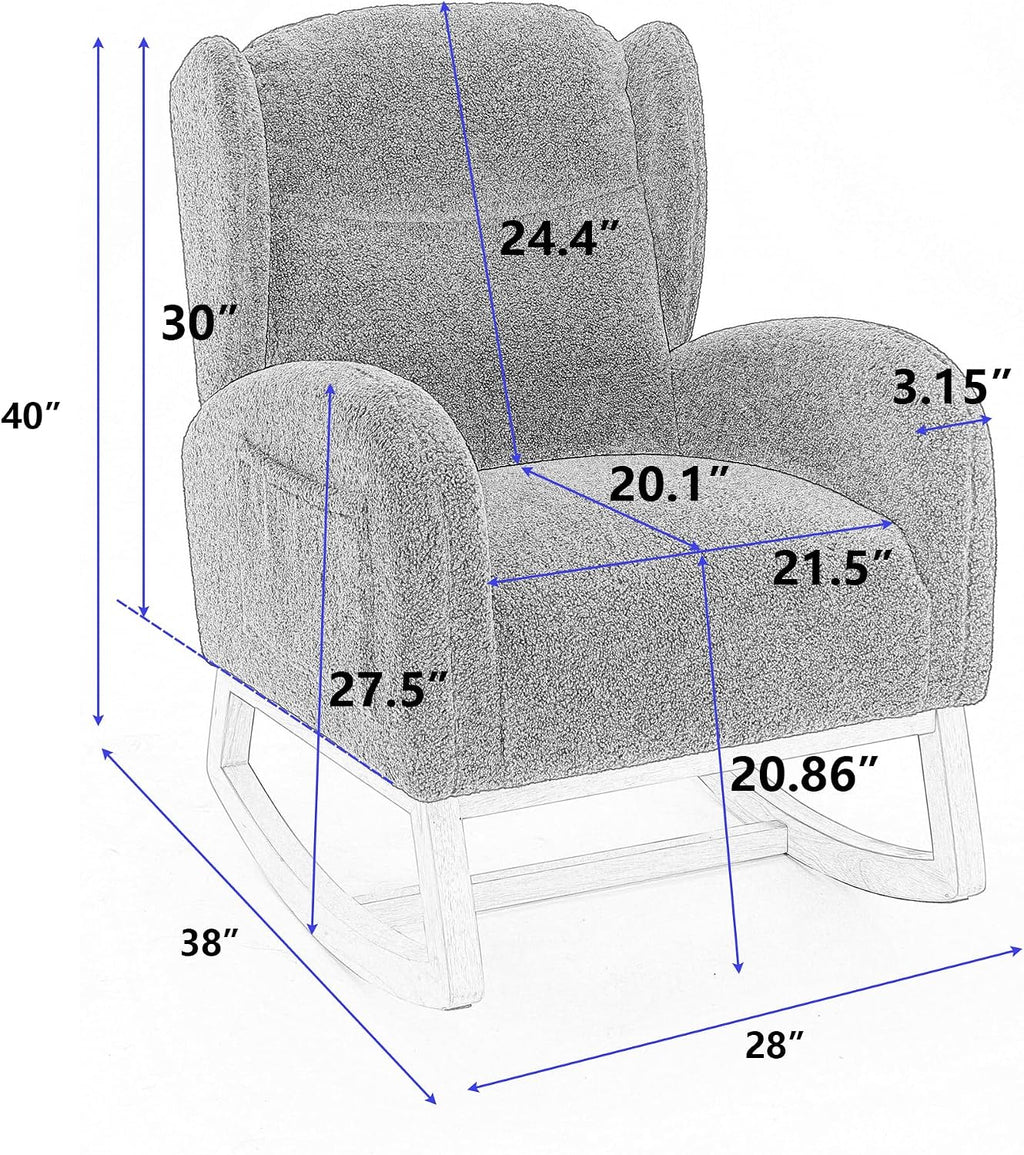 Nursery Glider Chair - Wingback Teddy Upholstered Rocking Chair with High Backrest, Ergonomic Rocker Chair for Breastfeeding & Baby Room, Modern Accent Armchair for Living Room & Bedroom, Khaki