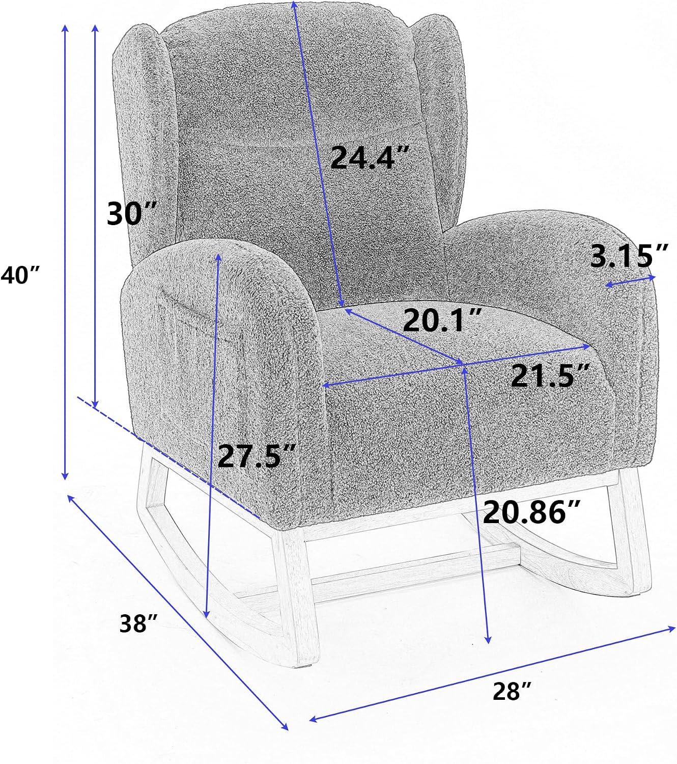 Nursery Glider Chair - Wingback Teddy Upholstered Rocking Chair with High Backrest, Ergonomic Rocker Chair for Breastfeeding & Baby Room, Modern Accent Armchair for Living Room & Bedroom, Gray