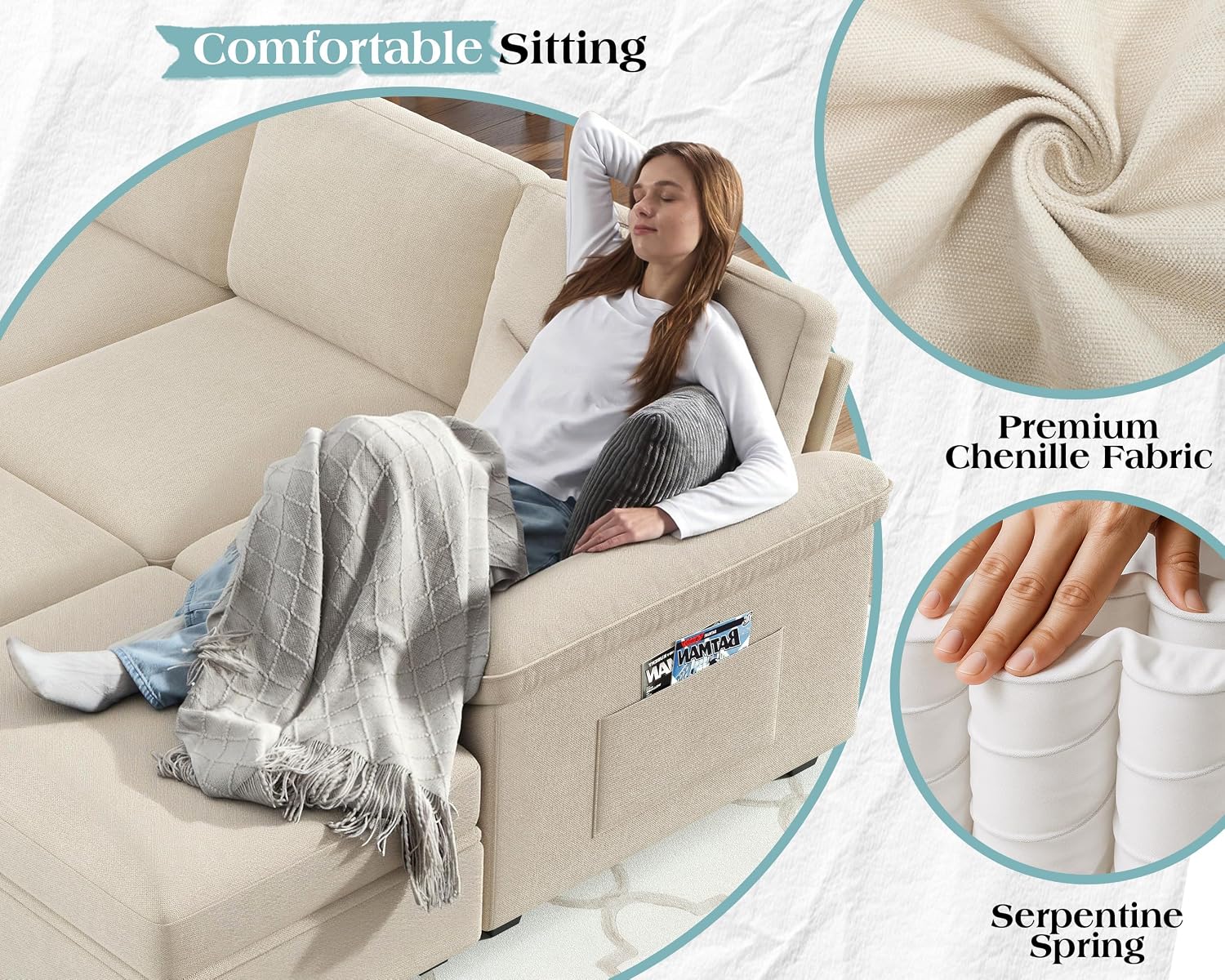 VanAcc 105' Sofa Bed, Sectional Sleeper Sofa with Pull Out Bed/Reclining Backrest, Sleeper Couch Bed with Storage, 6 Seater Couch Bed for Living Room, Chenille Beige