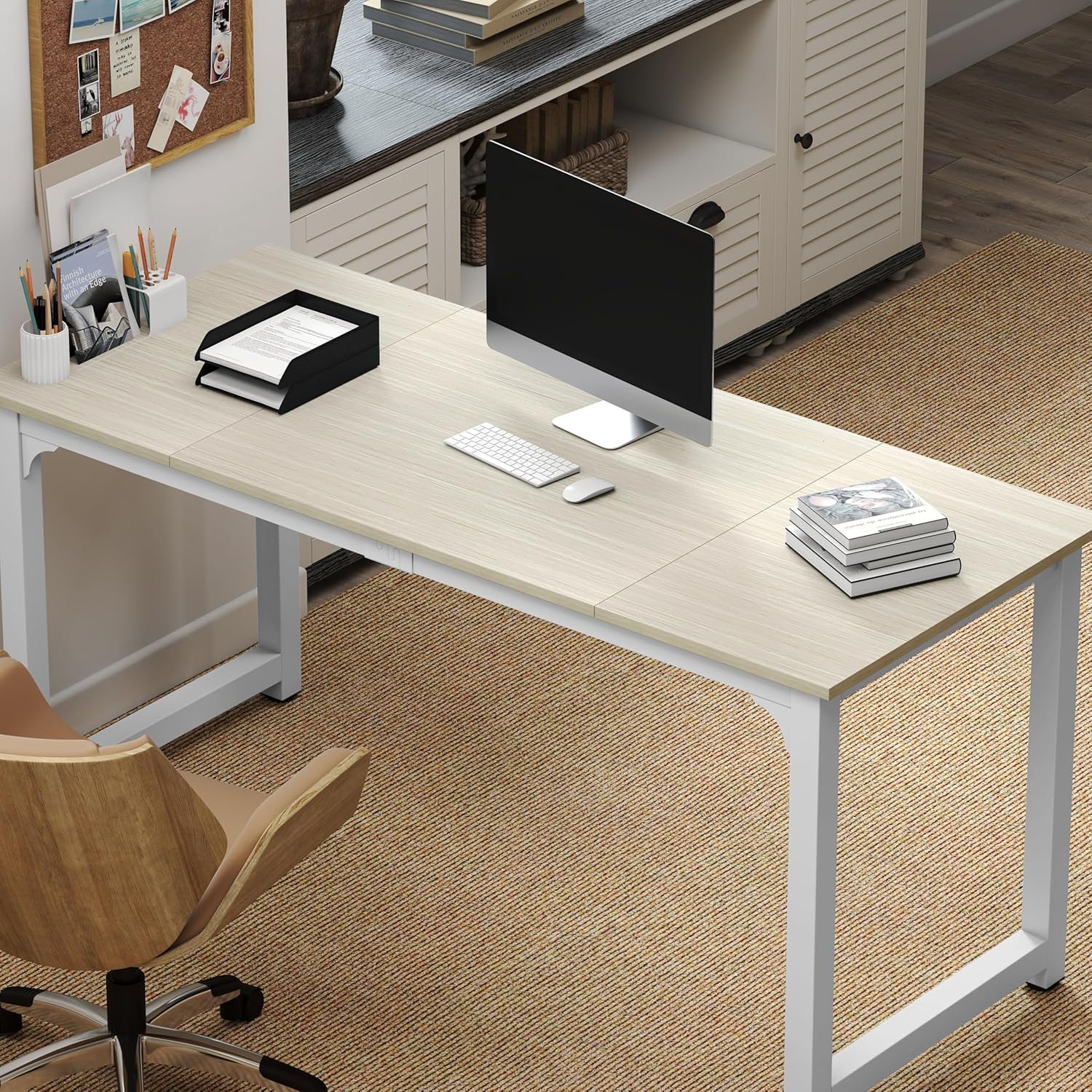 NSdirect Large Office Desk for Home Office, Large 63' Computer Desk Table, Wide Writing Study Desk for 2 Person, Metal Sturdy Frame Thicker Steel Legs, (White Oak, 63'L x 23.6'W x 29.5'H)
