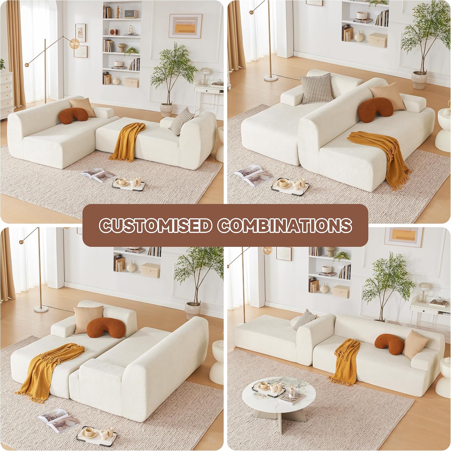 Weture 107' Modular Sectional Cloud Couch, Boneless couches Sponge sectionals for Living Room, High Density Sponges Sofa, Modular L-Shape with Chaise, Beige
