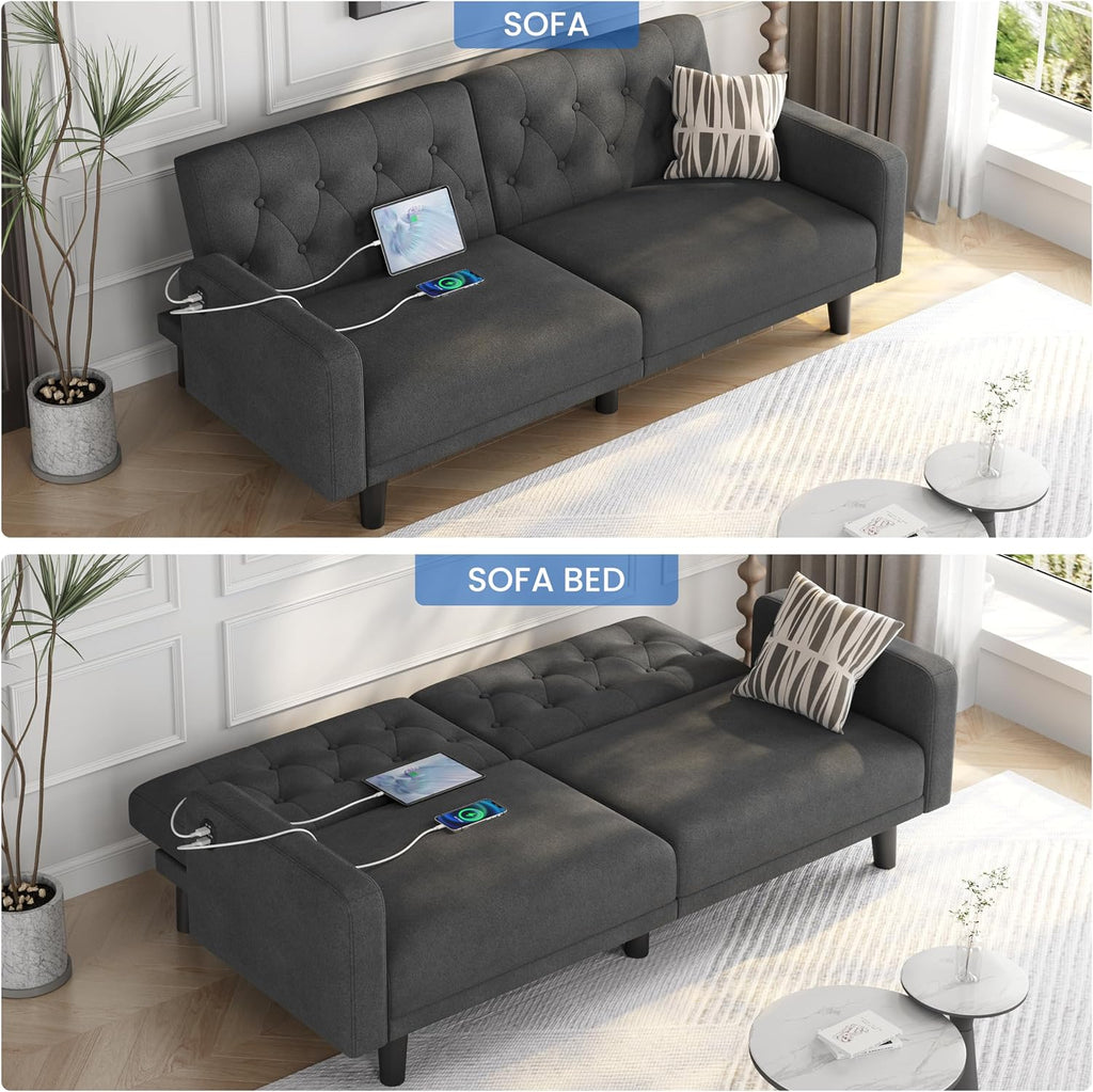 Yaheetech 63' Convertible Couch Small Futon Sofa Bed with 2 USB Ports, Reclining Backrest & Removable Armrests, Mid Century Modern Loveseat for Living Room, Apartment, Office, Dark Gray