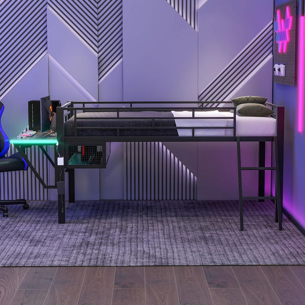Bellemave Twin Loft Bed with Desk, Gaming mid loft Bed with Desk, LED, Storage Space, Black