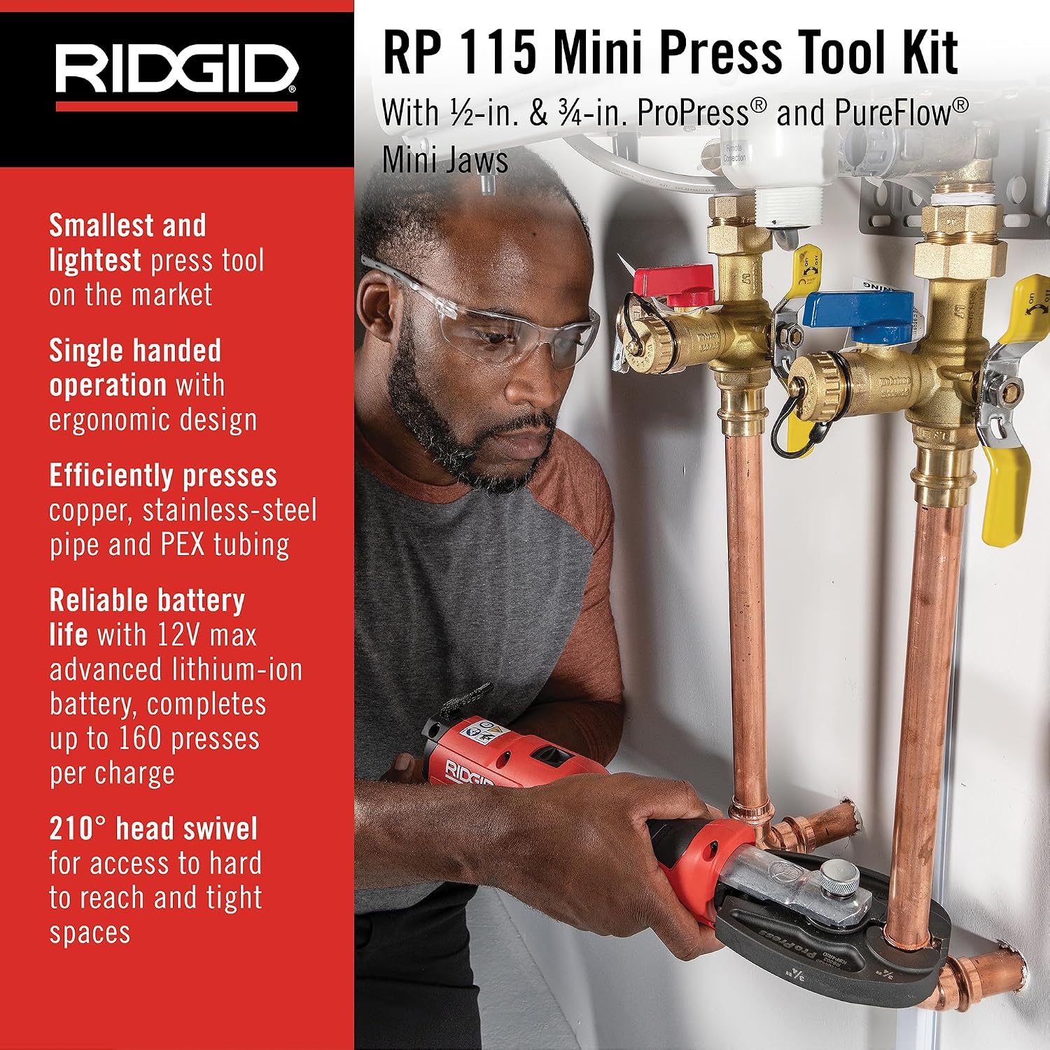 RIDGID 72558 Model RP 115 Mini Press Tool and Battery Kit with 1/2' to 3/4' ProPress and PureFlow Press Tool Jaws, 2V Li/Ion Battery, 12V Charger, and Carrying Case