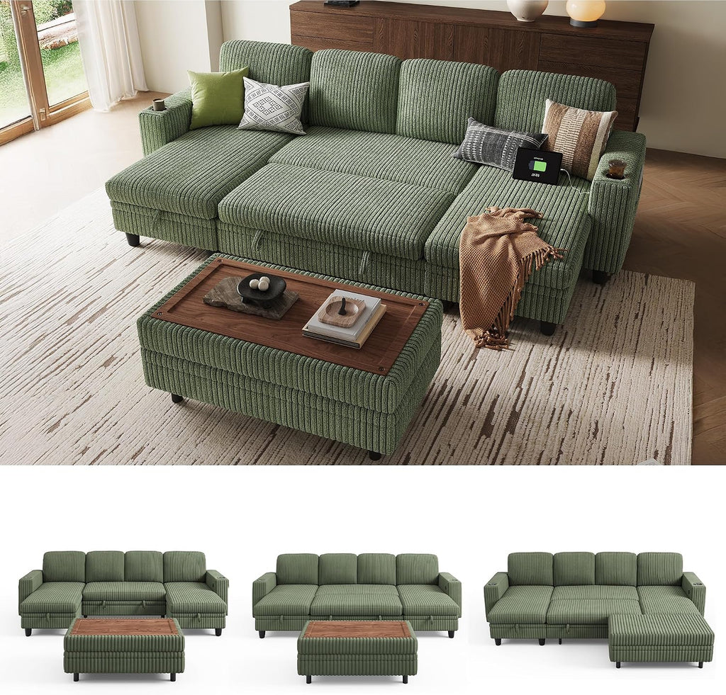 LINSY HOME Sectional Sleeper Sofa with Pull Out Couch Bed for Living Room (Green) | Plush Corduroy, Storage Ottoman, Storage Chaise, Pull Out Couch, USB Charging