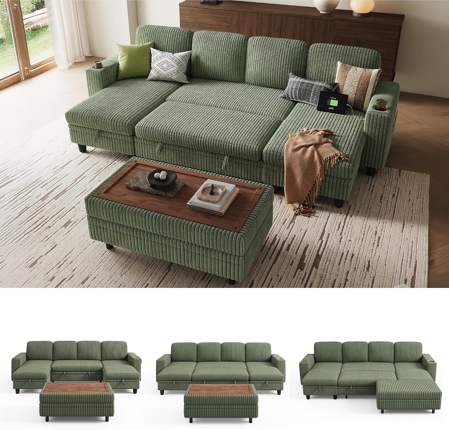 LINSY HOME Sectional Sleeper Sofa with Pull Out Couch Bed for Living Room (Green) | Plush Corduroy, Storage Ottoman, Storage Chaise, Pull Out Couch, USB Charging