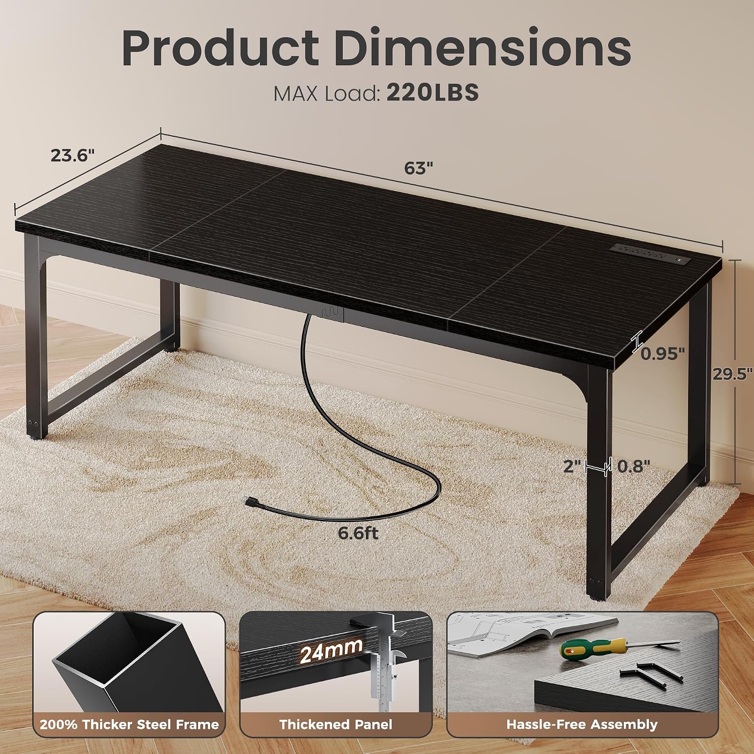 Huuger 63 x 24 inch Desk with Power Outlets & USB-C, Deeper & Thicker Desktop, Robust Metal Tubes, Computer Desk, Heavy Duty Office Desk, Work Gaming Desk, for Home Office, Black