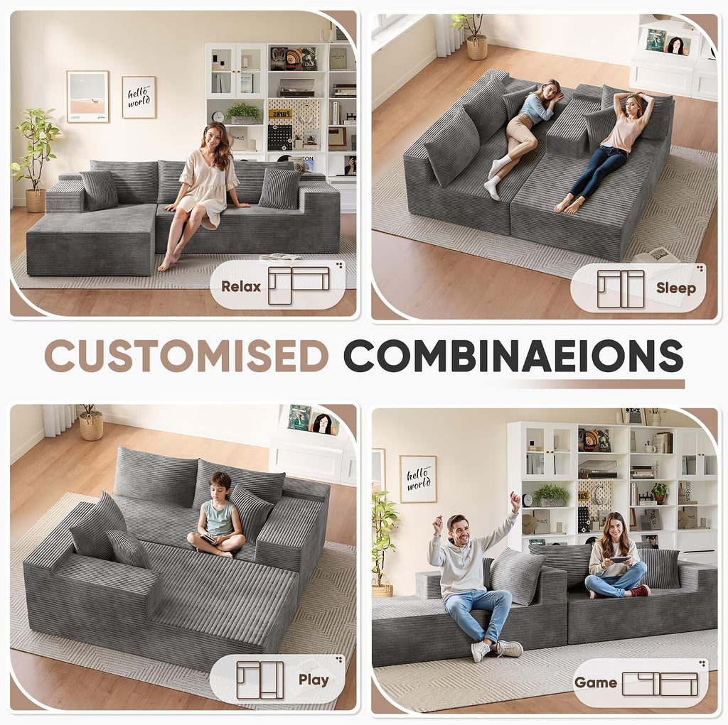 Homall 108' Modular Sectional Sofa, Boneless Couch with L-Shape Chaise, Cloud Couch with Deep Seat Upholstered, No Assembly Required for Living Room, Bedroom (Corduroy, Grey)