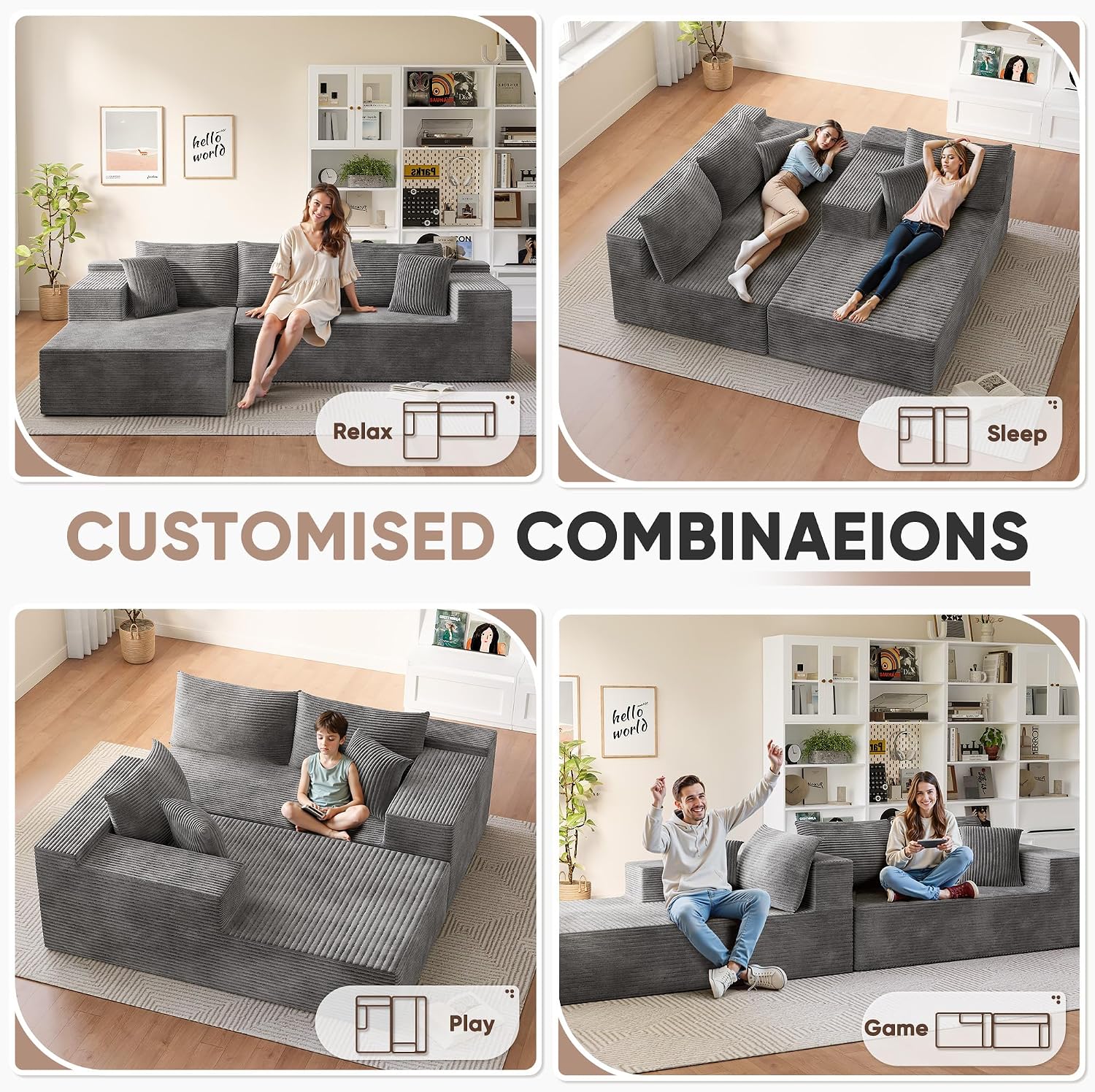 Homall 108' Modular Sectional Sofa, Boneless Couch with L-Shape Chaise, Cloud Couch with Deep Seat Upholstered, No Assembly Required for Living Room, Bedroom (Corduroy, Grey)