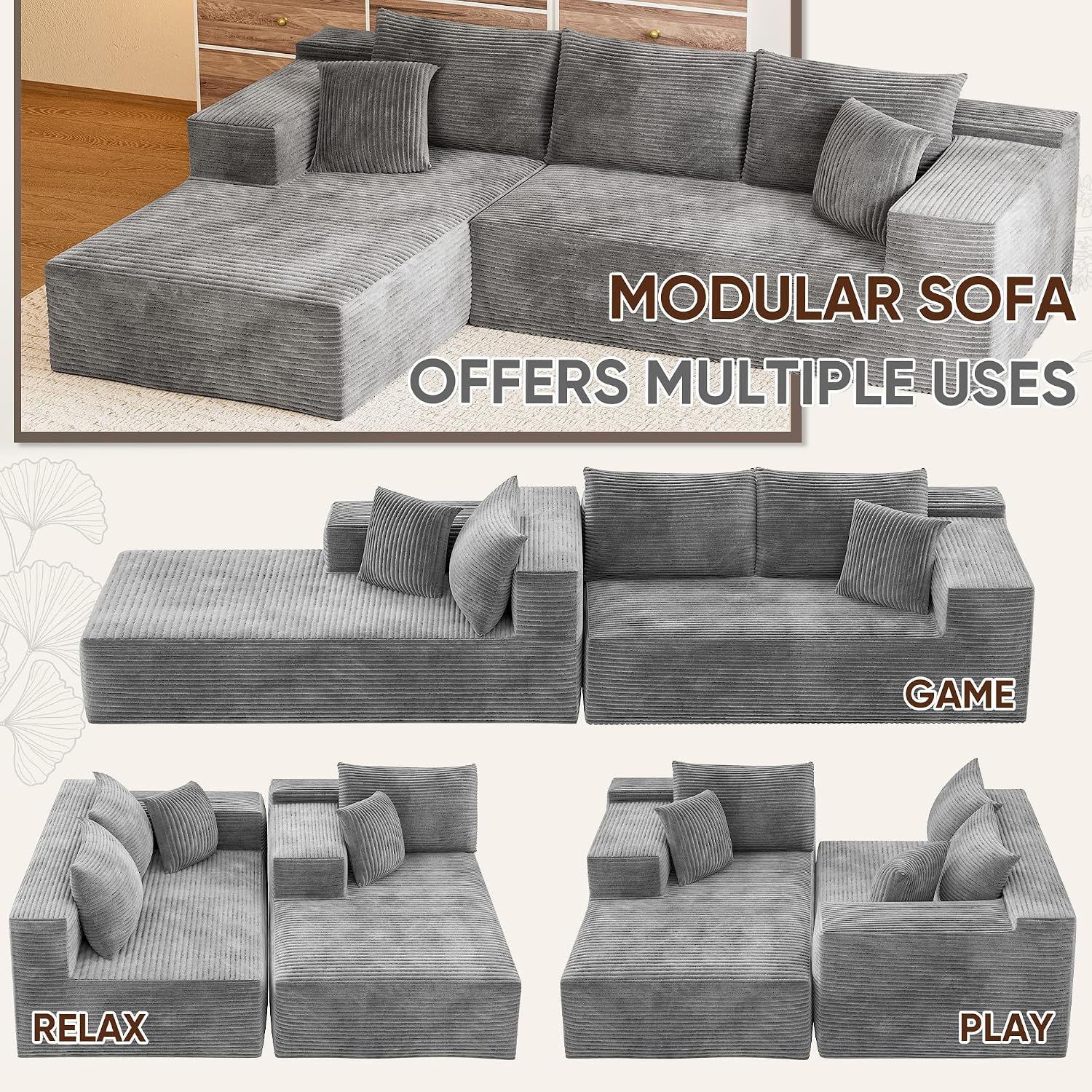 VICTONE 108' Cloud Sectional Couches, Boneless Couch Modular L-Shaped Sofa with Deep Seat, Modern Comfort Upholstered Sofas for Living Room, No Assembly Required (Corduroy, Grey)