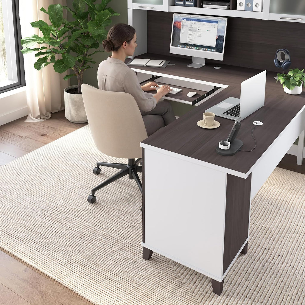 Bush Home 72-Inch L-Shaped Desk with Hutch, Corner Computer Office Desk with File and Box Drawers, Shelves and Storage Cabinet, Home Office Workstation, Somerset Collection, Storm Gray and White