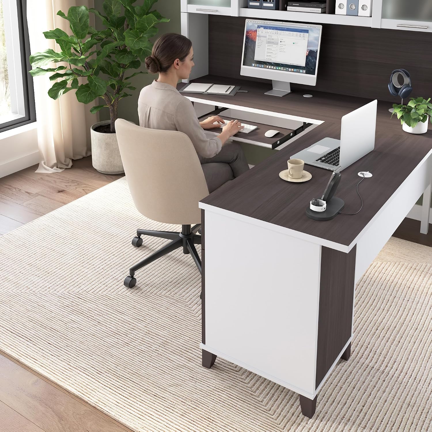 Bush Home 72-Inch L-Shaped Desk with Hutch, Corner Computer Office Desk with File and Box Drawers, Shelves and Storage Cabinet, Home Office Workstation, Somerset Collection, Storm Gray and White
