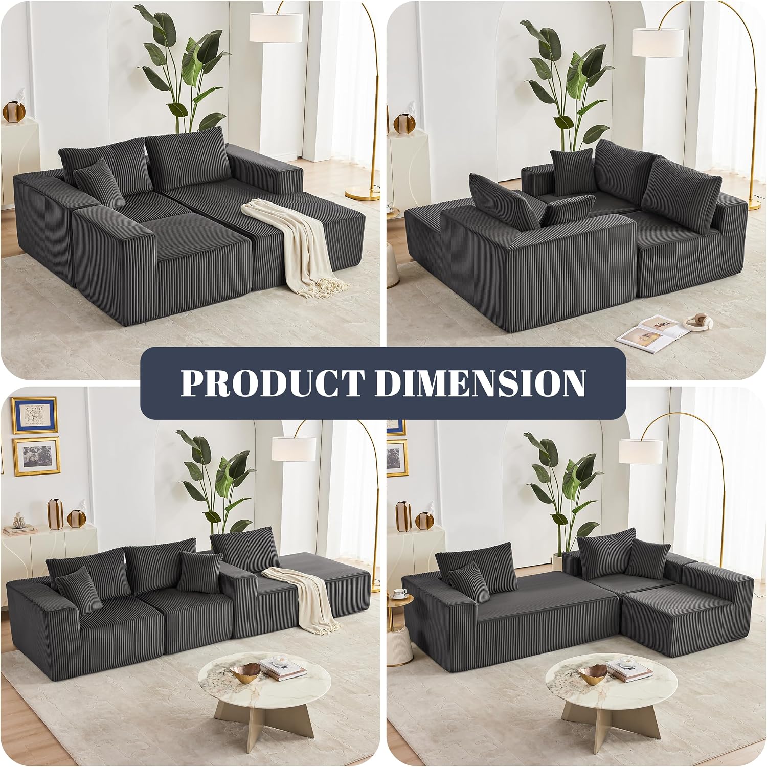 Weture 108' Modular Sectional Sofa, Cloud Sectional Couch with Deep Seat, Modern Modular L-Shape Sofa with Chaise,Upholstered Boneless Couches for Living Room Bedroom (Corduroy, Darkgrey)