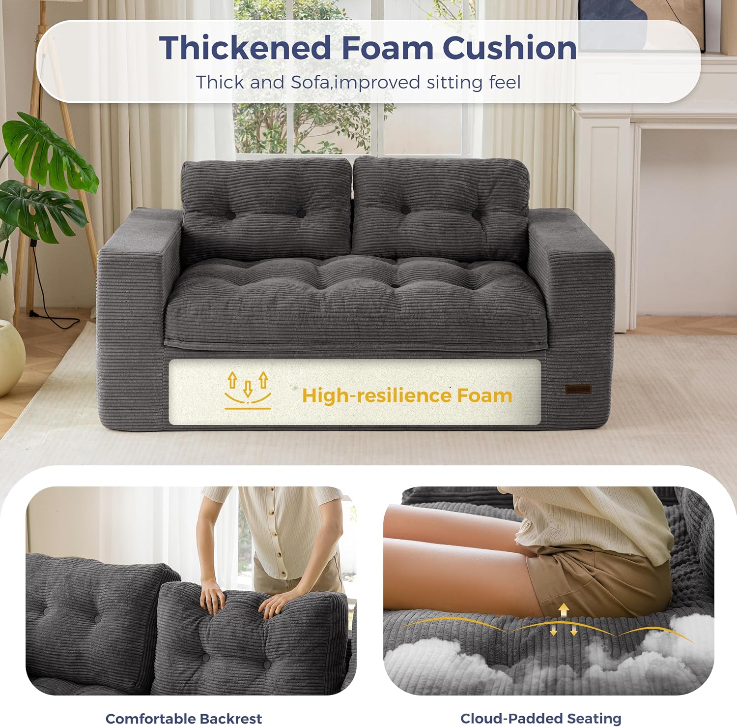 MAXYOYO 63' Loveseat Sofa Couch for Small Spaces, Upholstered Boneless Cloud Couch for Apartment Bedroom, 2-Seater Love Seat Floor Modern Sofa with Pillows, No Assembly Required, Dark Grey