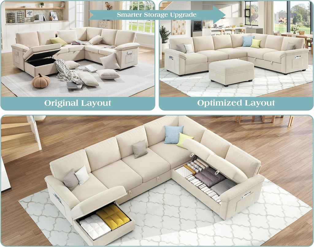 VanAcc 105' Sofa Bed, Sectional Sleeper Sofa with Pull Out Bed/Reclining Backrest, Sleeper Couch Bed with Storage, 6 Seater Couch Bed for Living Room, Chenille Beige