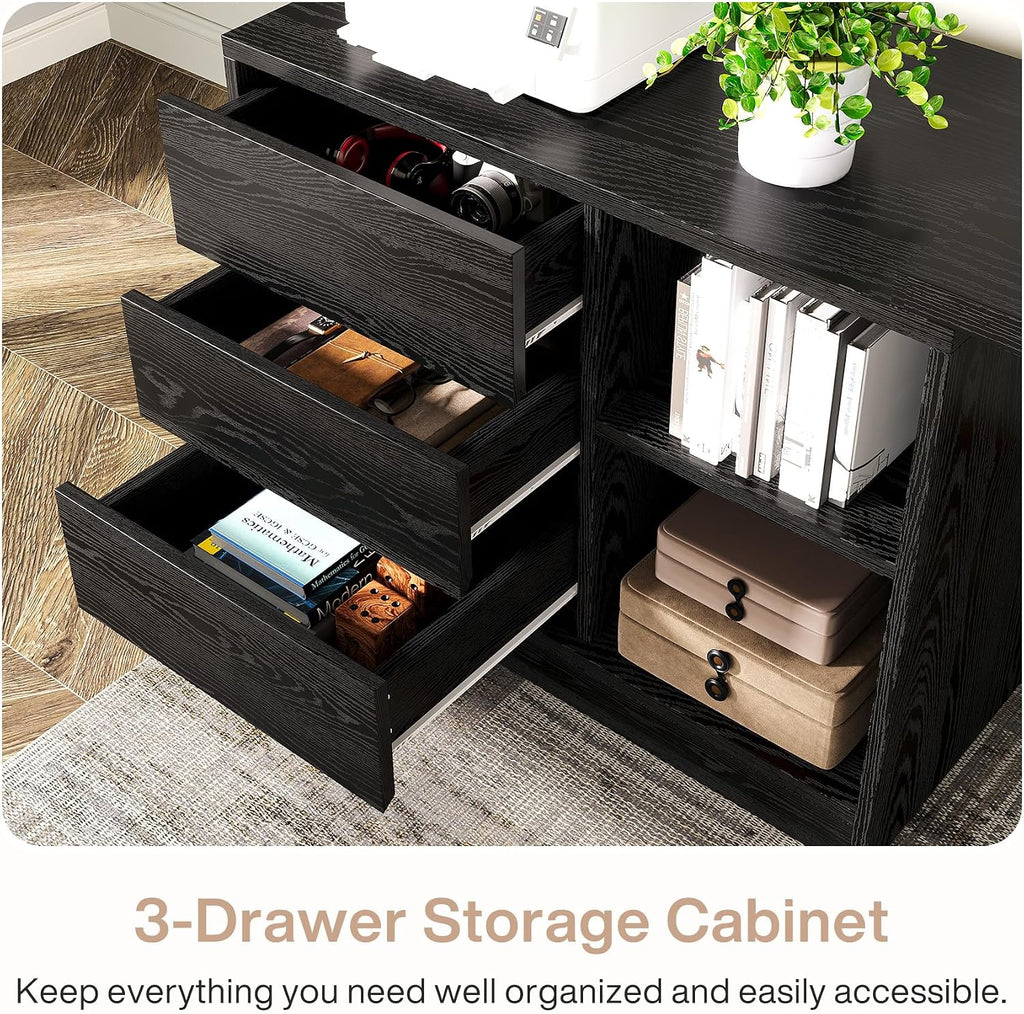Tribesigns L-Shaped Computer Desk with Drawers and Shelves, Reversible Corner Office Desk with Storage Cabinet, Modern Study Writing Table for Home Office, Bedroom (Black)