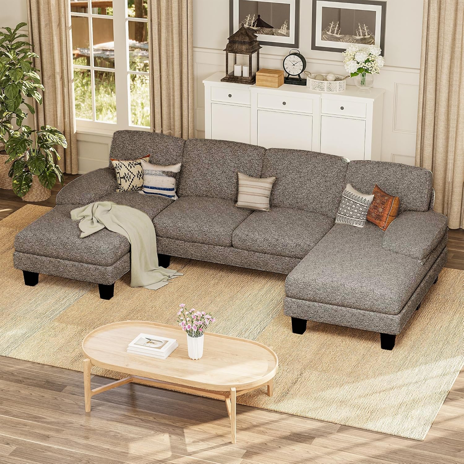 Furmax Sectional Couches for Living Room, U-Shaped Sofa Couch with Linen Fabric, 4 Seat Sofa Set with Double Chaise for Apartment (Loop Yarn, Pearl Gray)