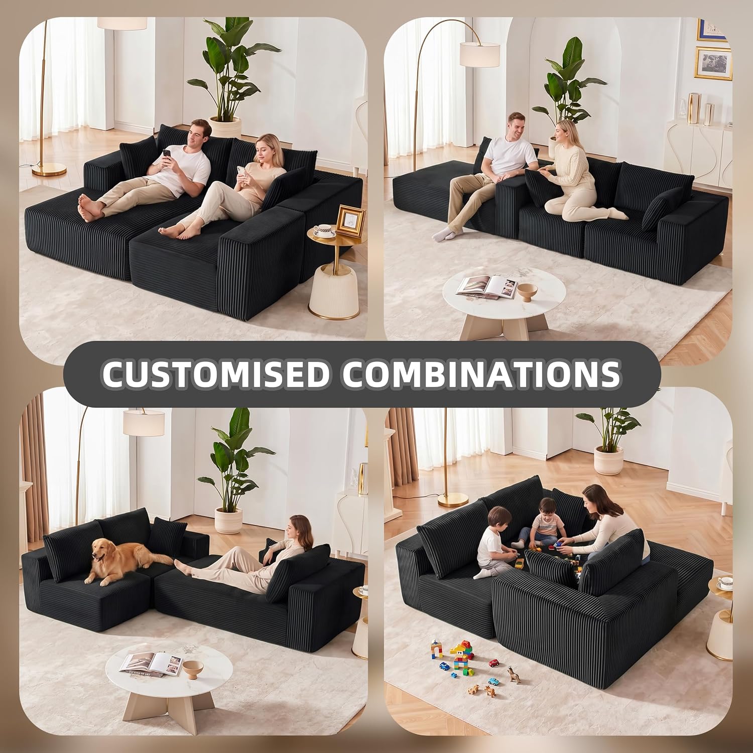 108' Modular Sectional Sofa, Cloud Sectional Couch with Deep Seat, Modern Modular L-Shape Sofa Couch with Chaise,Upholstered Boneless Couches for Living Room Bedroom (Black, Left Facing Chaise)
