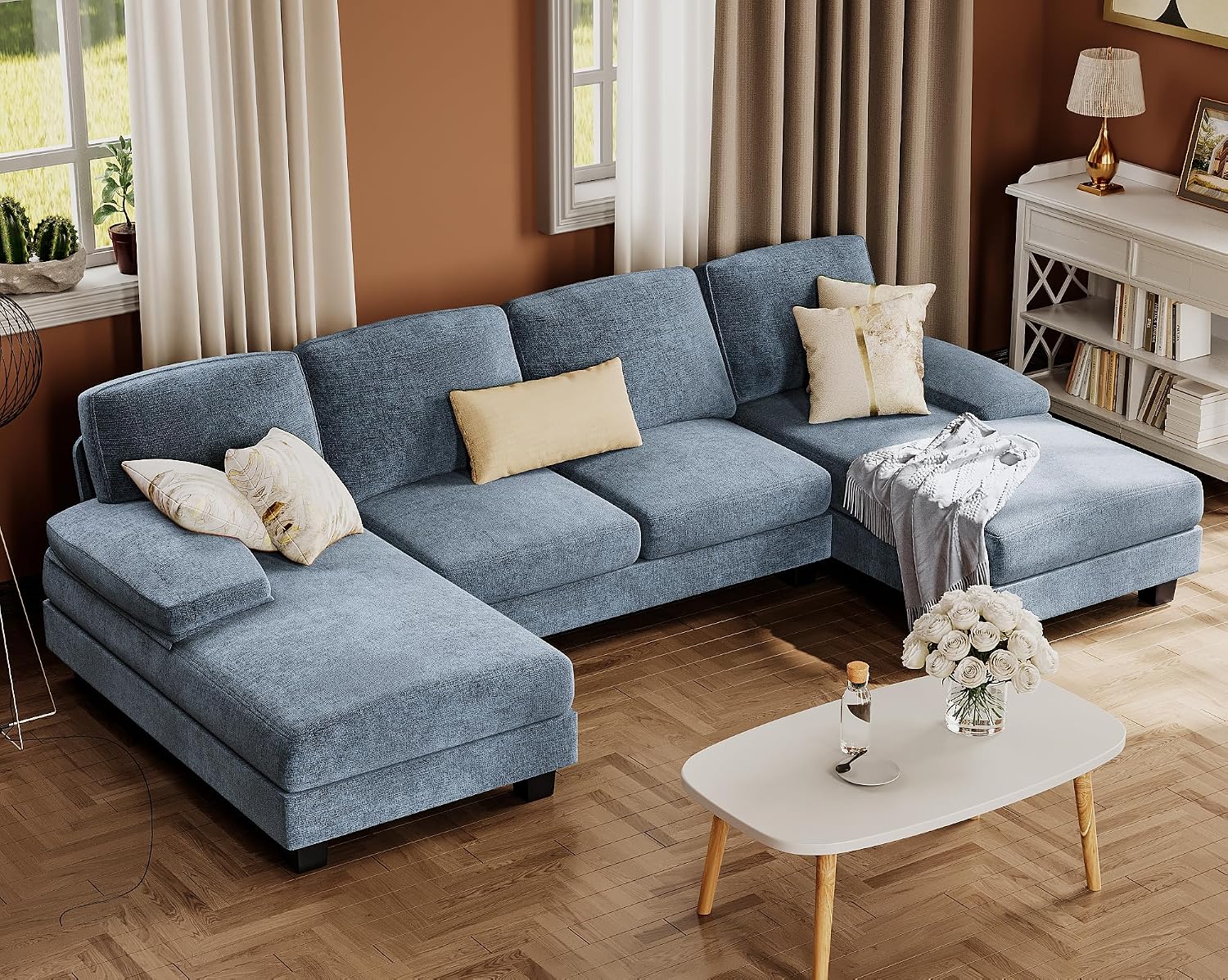 Furmax Sectional Couches for Living Room, U-Shaped Sofa Couch with Linen Fabric, 4 Seat Sofa Set with Double Chaise for Apartment (Fabric, Light Blue)