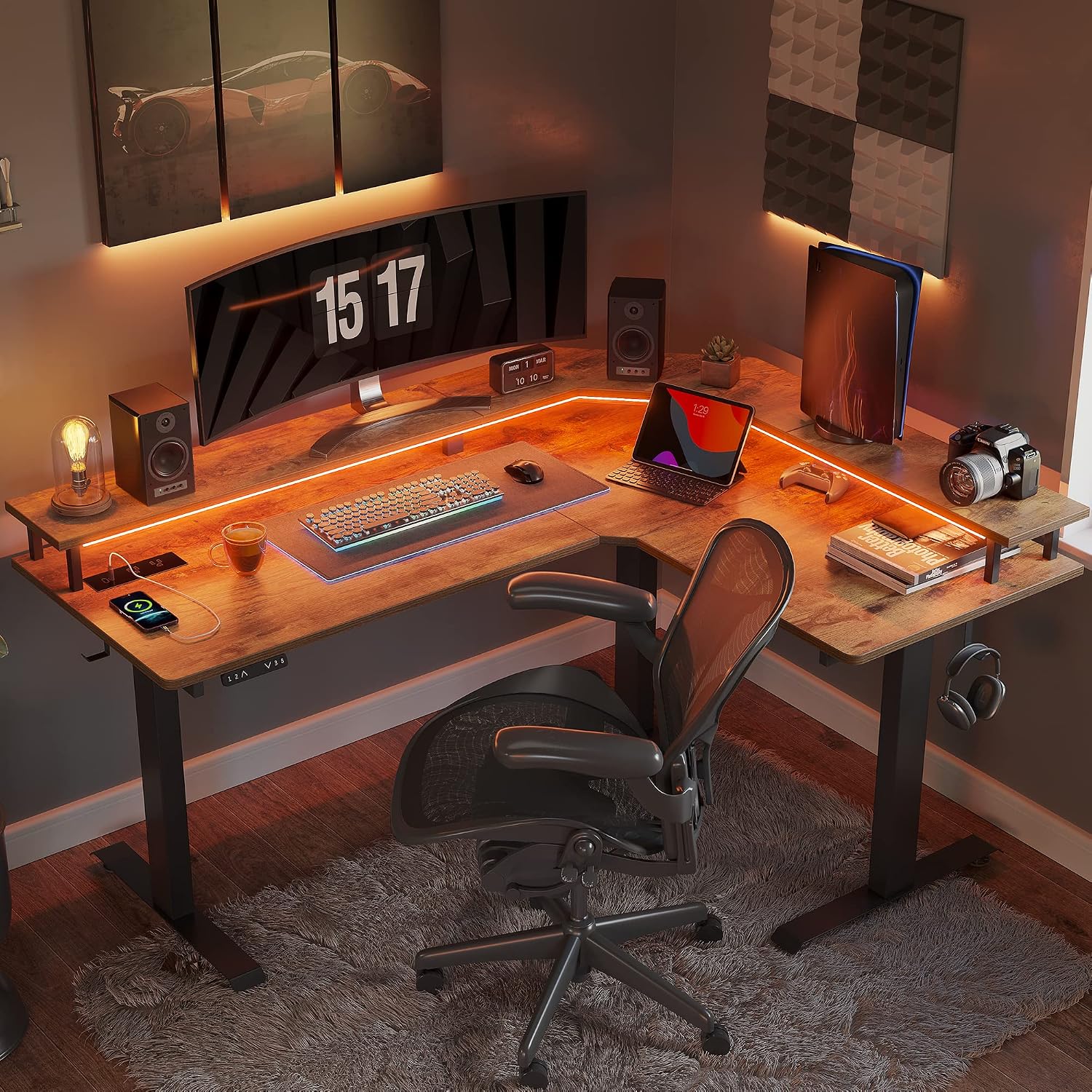 FEZIBO 63' Triple Motor L Shaped Standing Desk with LED Strip & Power Outlets, Height Adjustable Stand up Corner Gaming Desk with Ergonomic Monitor Stand, Rustic Brown Top/Black Frame