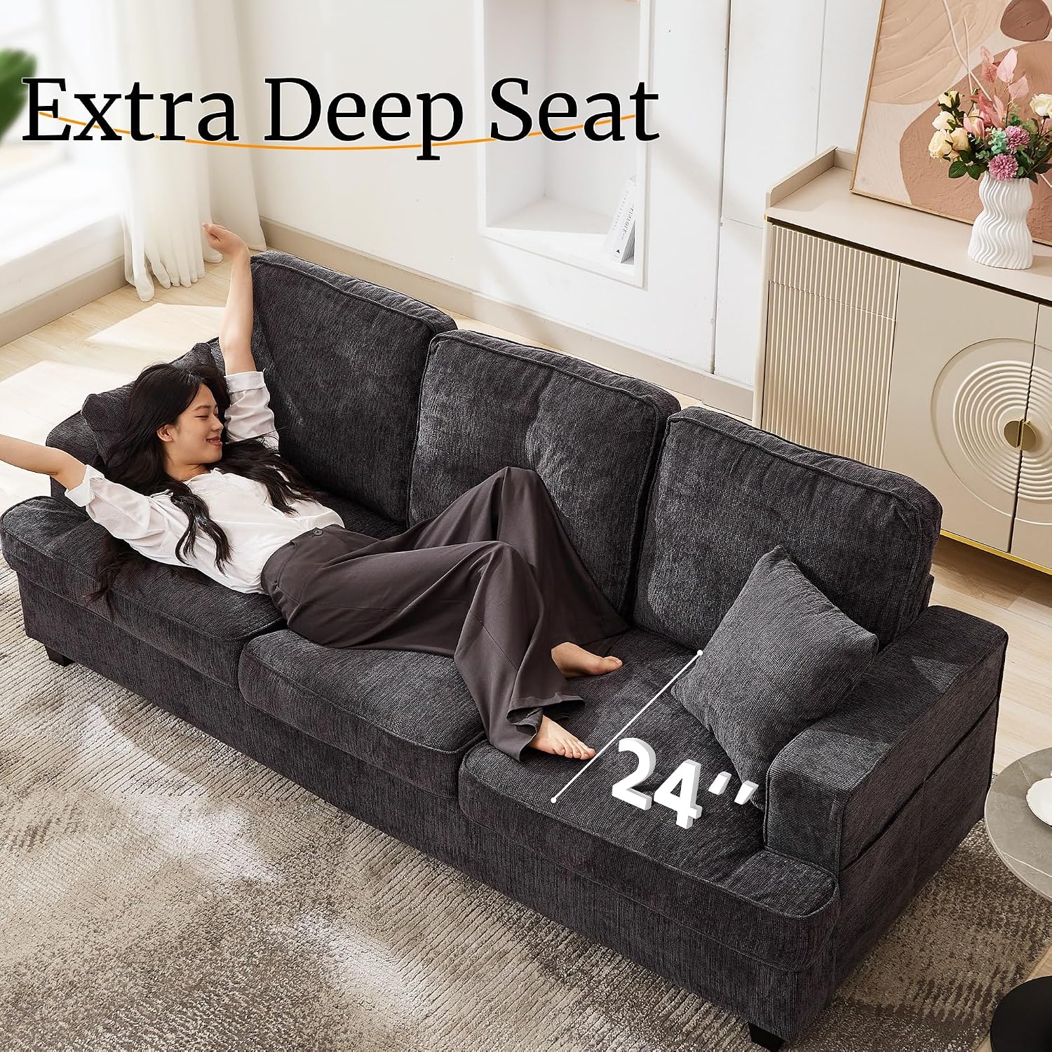 Couches for Living Room, 89 inch Cloud Couch Sofa in Chenile with Extra Comfy Soft Deep Seats, Modern 3 Seater Sofas for Living Room Bedroom Office Apartment, Grey