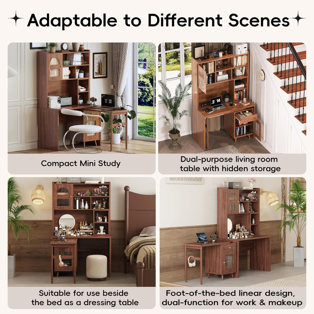 Bellemave Computer Desk with 90 Degree Rotating Desktop, 43x70 Inch Home Office Desk with Drawer and Storage Cabinets, Gaming Desk with Shelves, Writing Desk for Study (Walnut)