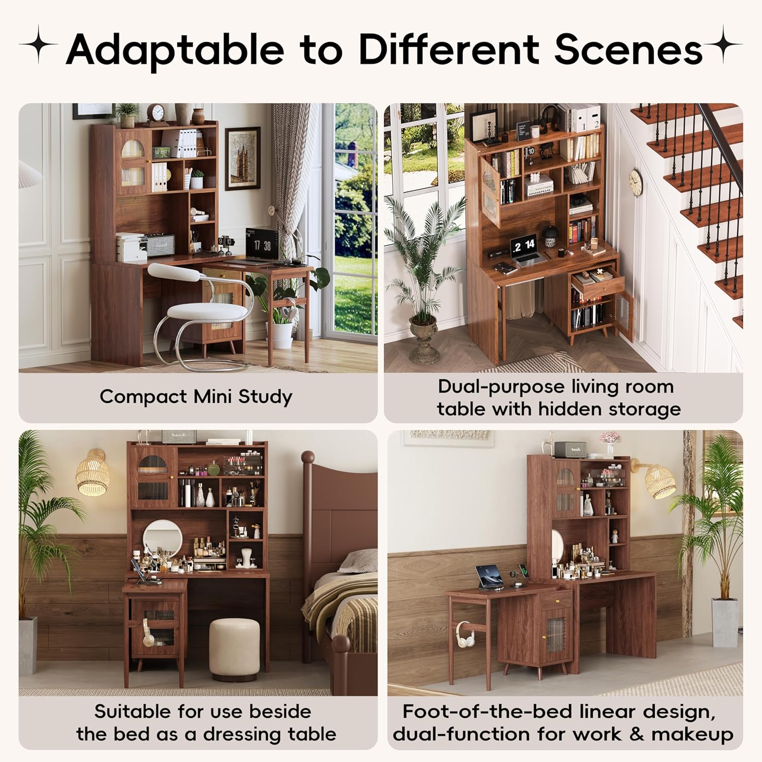 Bellemave Computer Desk with 90 Degree Rotating Desktop, 43x70 Inch Home Office Desk with Drawer and Storage Cabinets, Gaming Desk with Shelves, Writing Desk for Study (Walnut)
