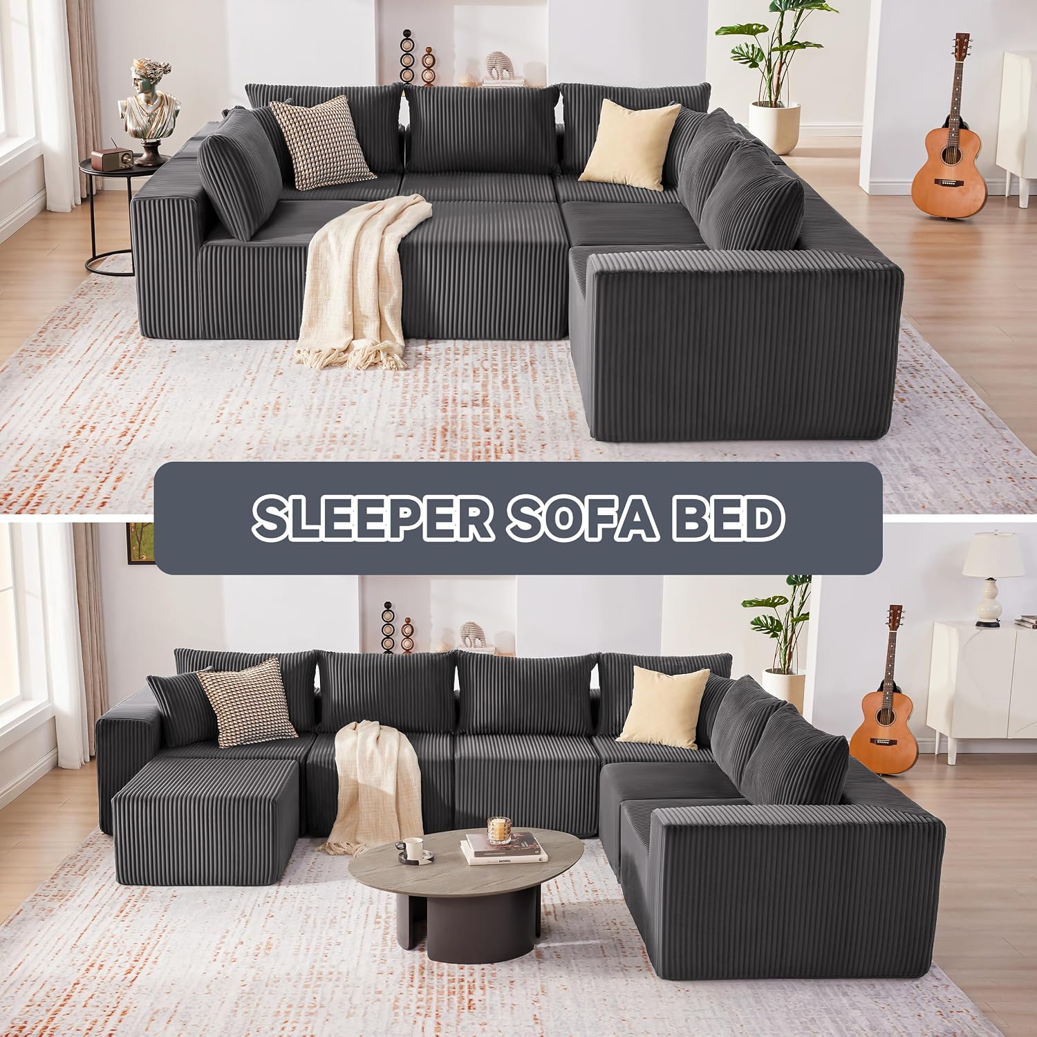Cloud Couch Sectional, Modular Sofa with Deep Seat, Convertible Sectional Couches for Living Room, Plush Corduroy U Shaped Boneless Couch (Darkgrey, 6 Seater & 1 Ottoman)