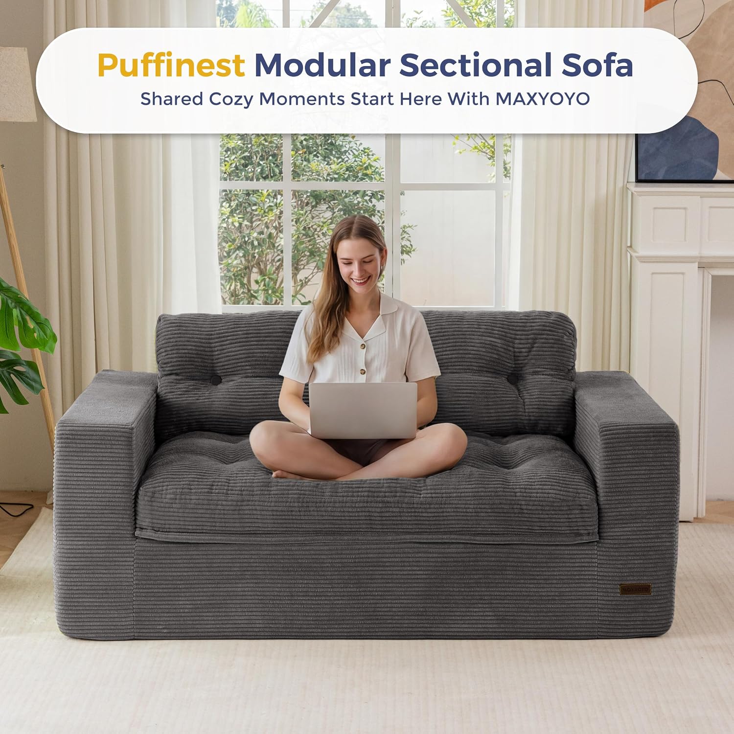MAXYOYO 63' Loveseat Sofa Couch for Small Spaces, Upholstered Boneless Cloud Couch for Apartment Bedroom, 2-Seater Love Seat Floor Modern Sofa with Pillows, No Assembly Required, Dark Grey