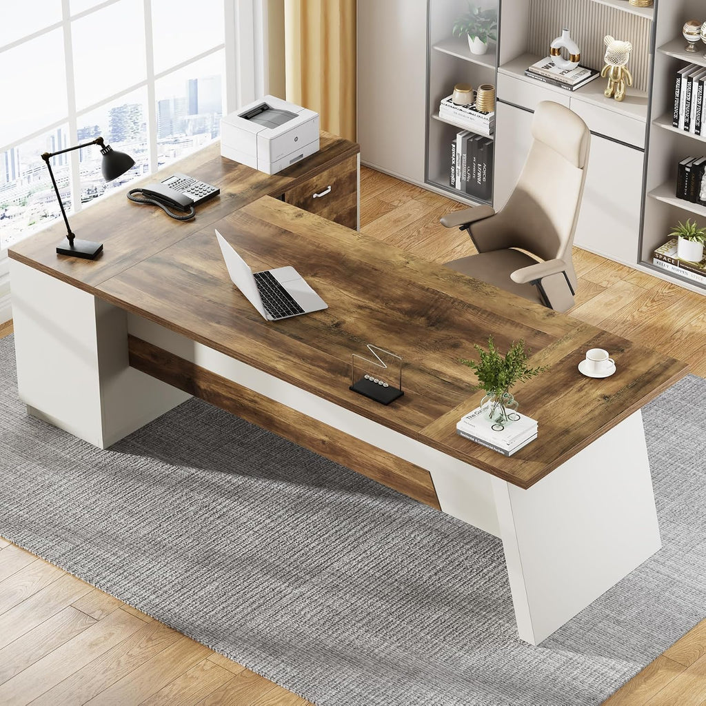 Tribesigns L-Shaped Executive Desk, 78-Inch Modern Office Desk with Drawers and Lateral File Cabinet, Large Bussiness Furniture with Storage Shelves, Workstation for Home Office (Brown + White)
