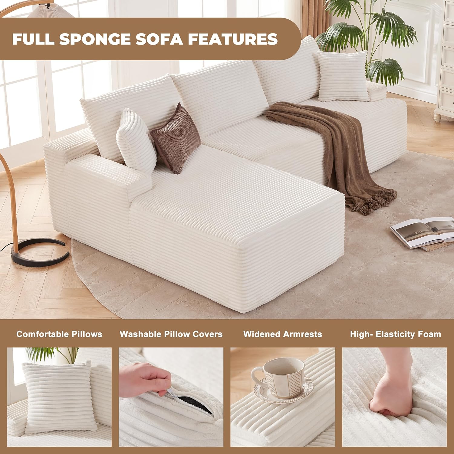 Mangodan Cloud Sectional Sofa, Boneless Couch for Living Room, Modular Sectional Sofa with Deep Seat, Fluffy Comfy Couch with L-Shaped Chaise, No Assembly Required, Beige