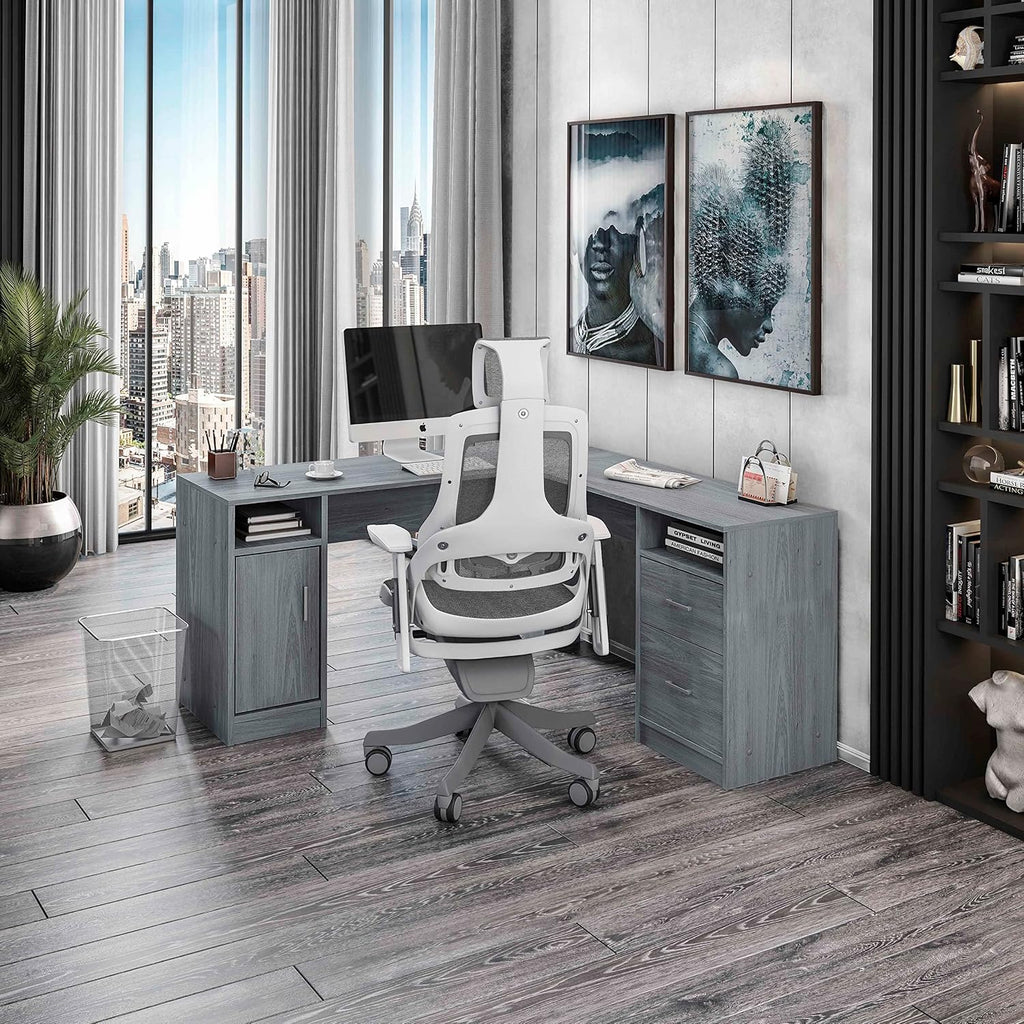 Techni Mobili Functional L-Shaped Computer Desk with storage, L is ⁠59.5' wide x 59.5' Long, Grey