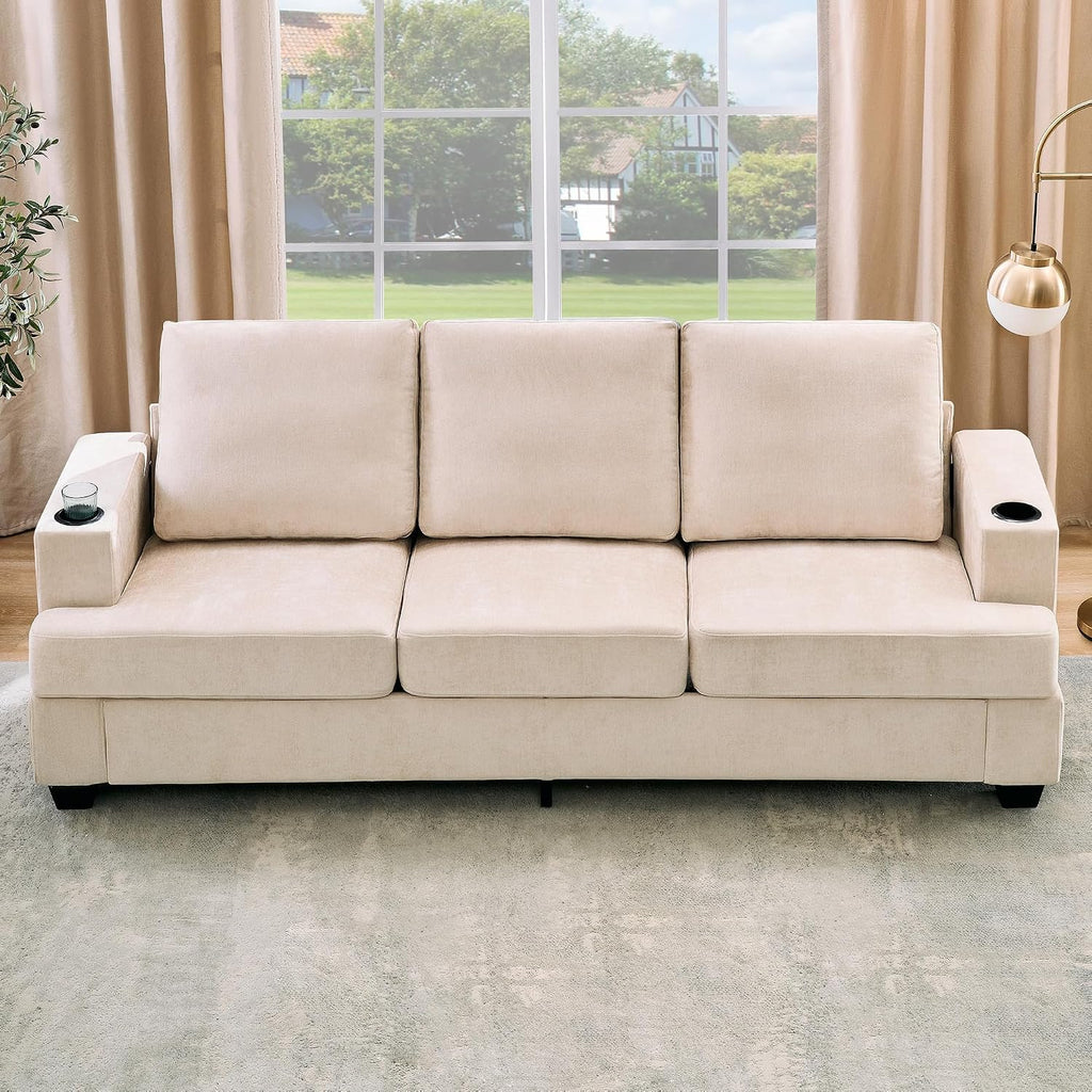GarveeHome Modern 89 in 3-Seater Sofa for Living Room, Comfy Couches with Deep Seat, Chenille Couch with Cup Holders and Side Storage Pockets for Apartment Lounge, Beige