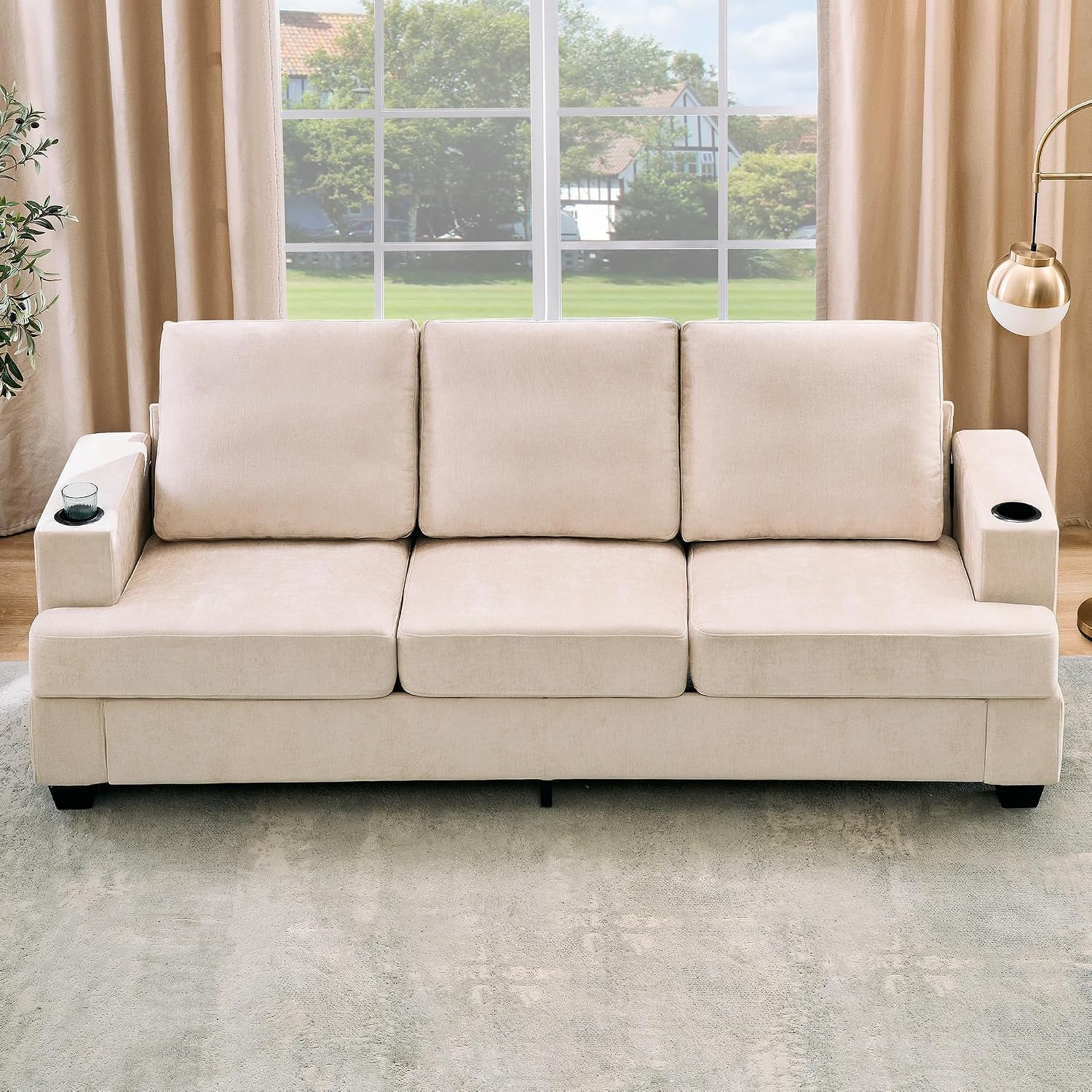 GarveeHome Modern 89 in 3-Seater Sofa for Living Room, Comfy Couches with Deep Seat, Chenille Couch with Cup Holders and Side Storage Pockets for Apartment Lounge, Beige