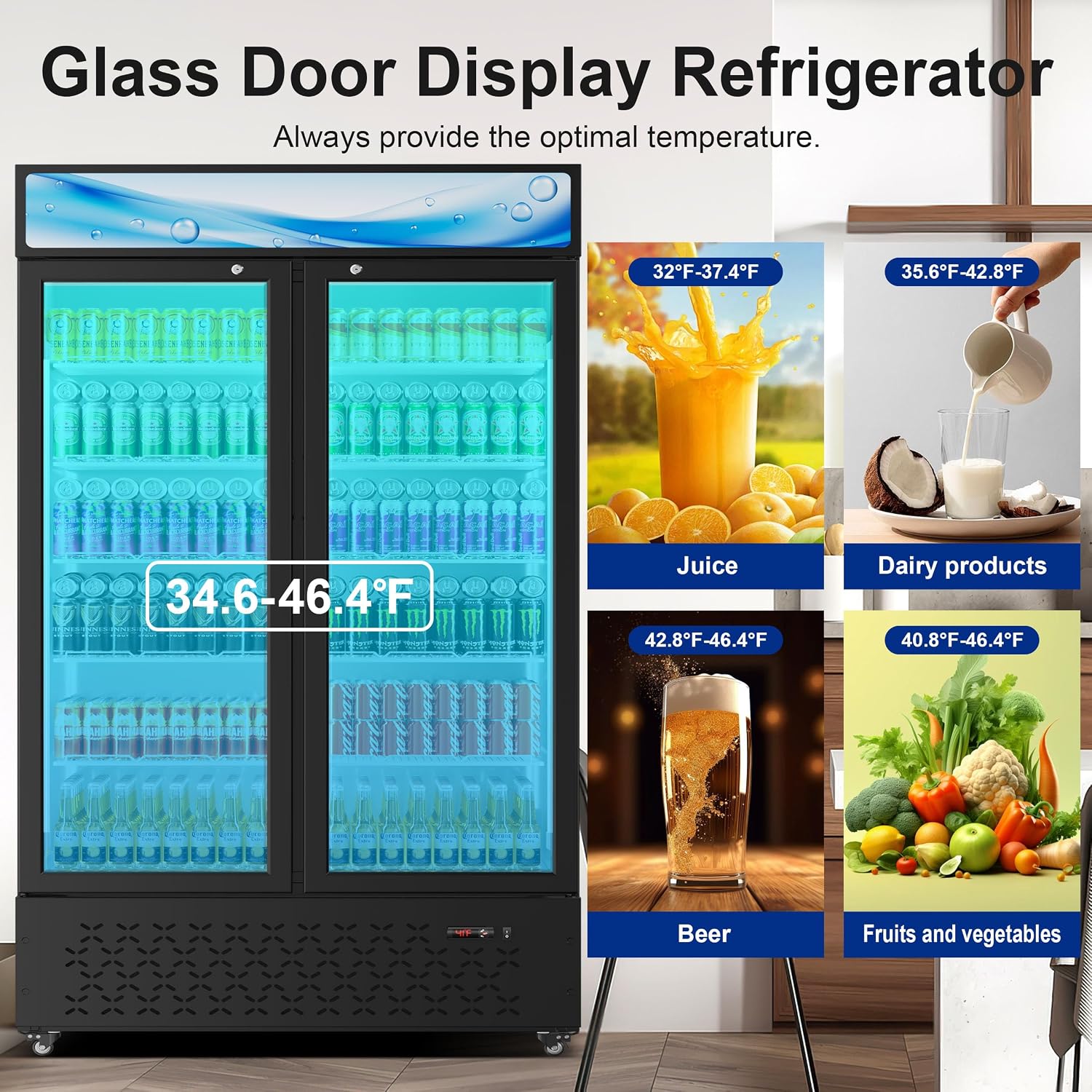 Beverage Cooler Commercial Refrigerator 40.3 Cu.Ft. Glass Door Display Refrigerator with LED Light, Shelves, Display 10 Commercial Beverage Refrigeratorfor Restaurant Cafe Bar Store (40.3 Cu.Ft.)