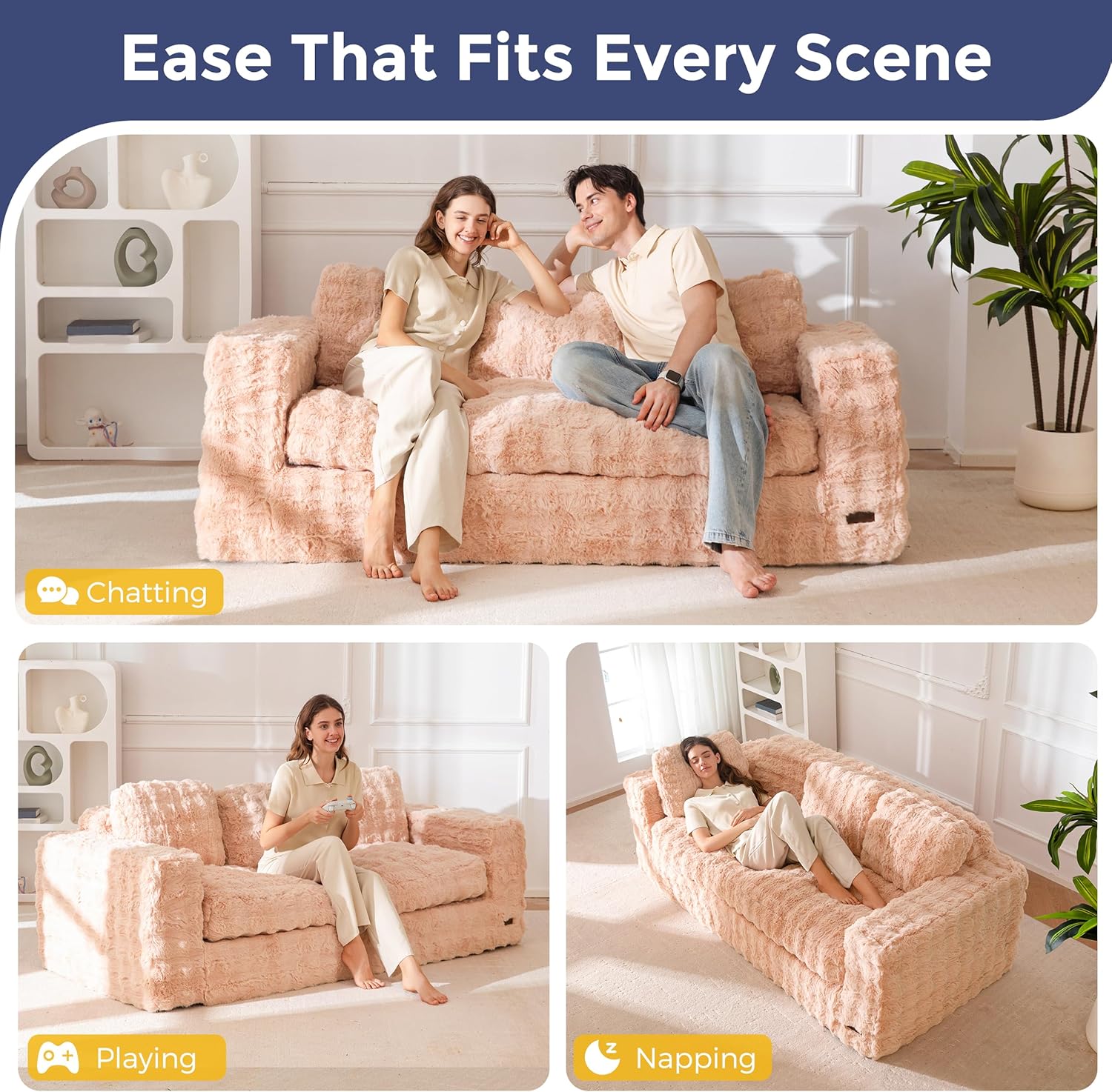 MAXYOYO 3-Seater Boneless Sofa Couch, Modern Bubbled Sofa for Living Room, Soft Bean Bag Chair High-Density Foam Couch with Pillows, No Assembly Required